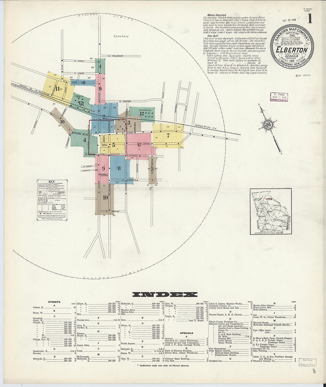 This old map of Elberton, Elbert County, Georgia was created by Sanborn Map Company in 1913