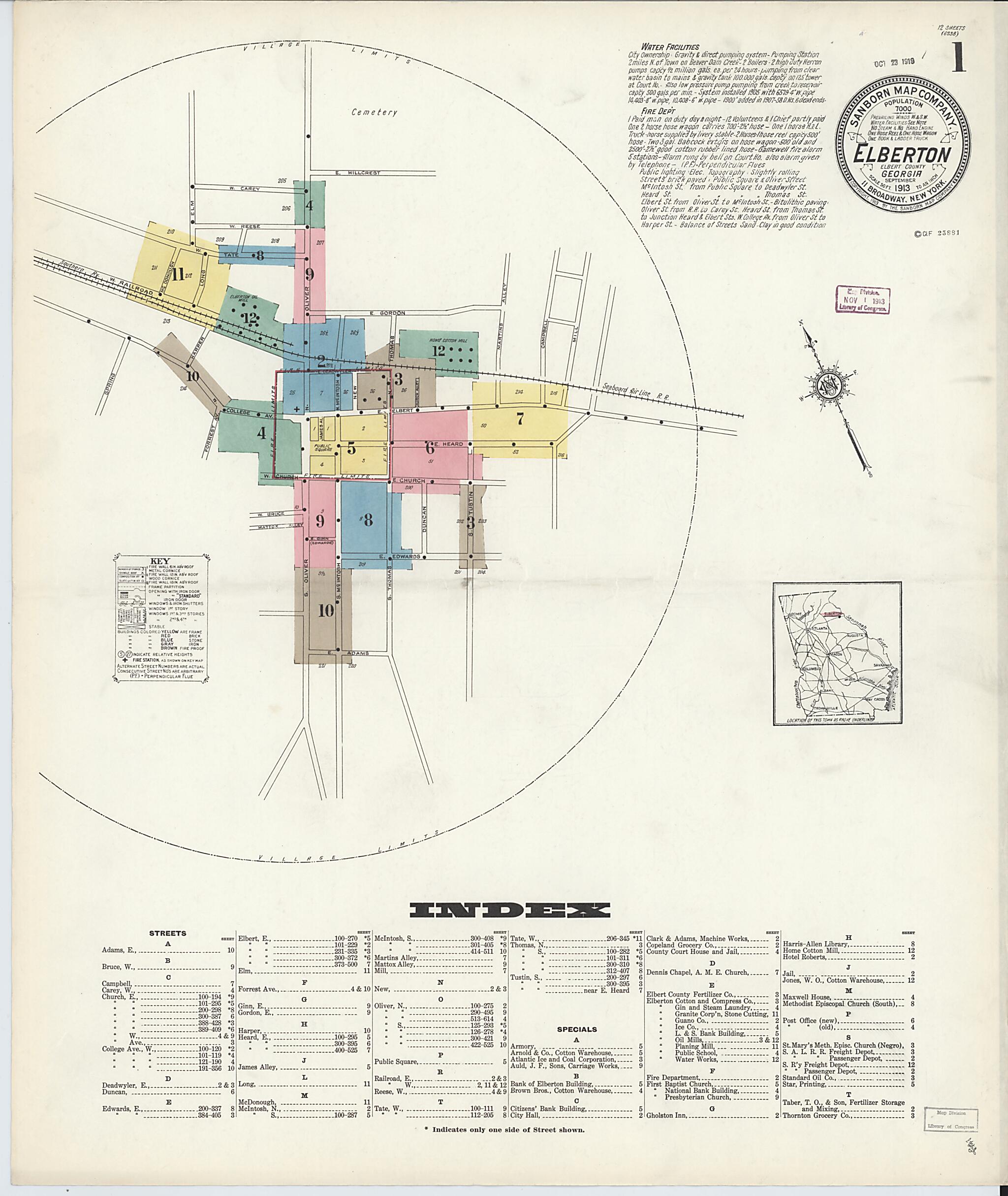 This old map of Elberton, Elbert County, Georgia was created by Sanborn Map Company in 1913