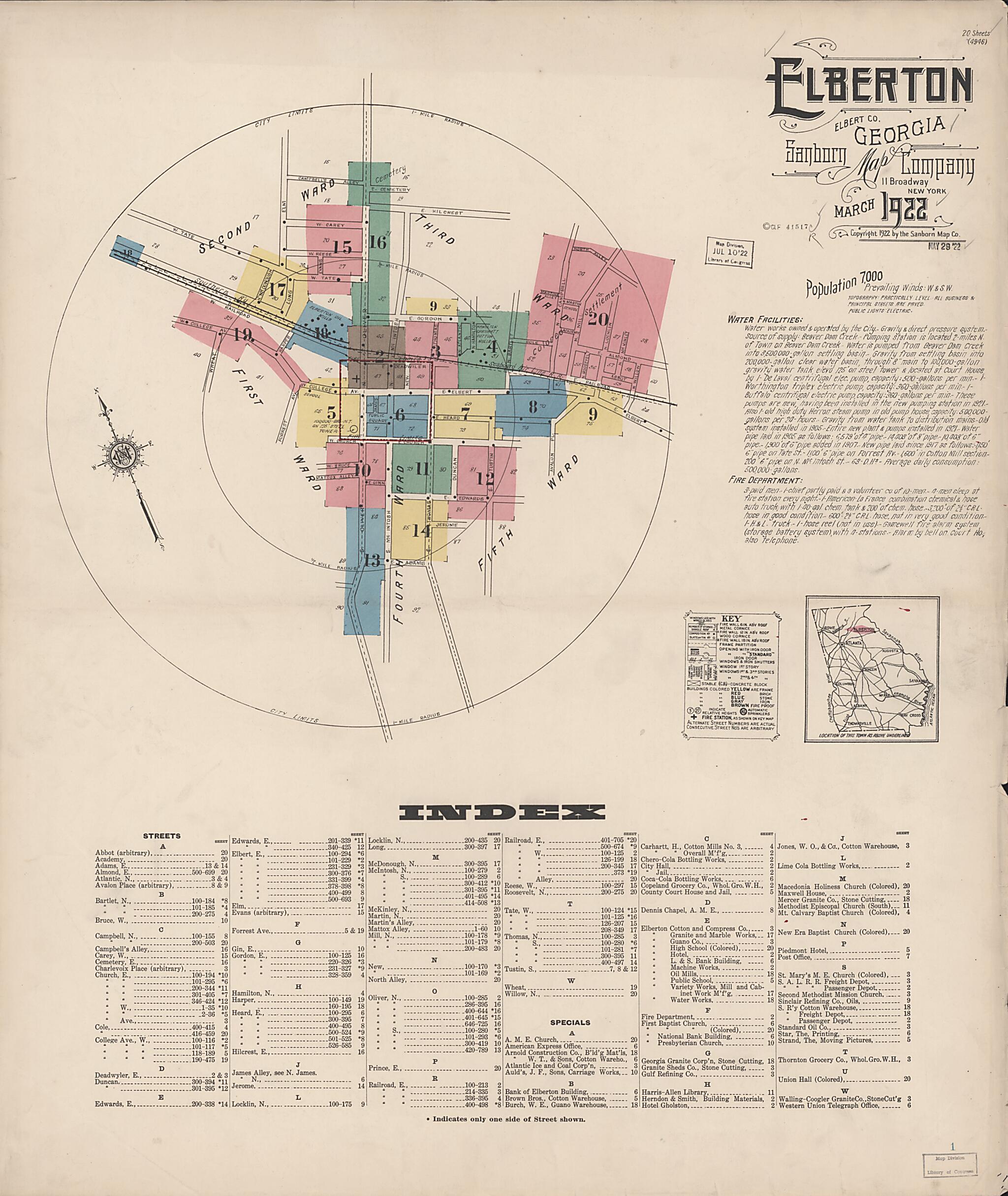 This old map of Elberton, Elbert County, Georgia was created by Sanborn Map Company in 1922