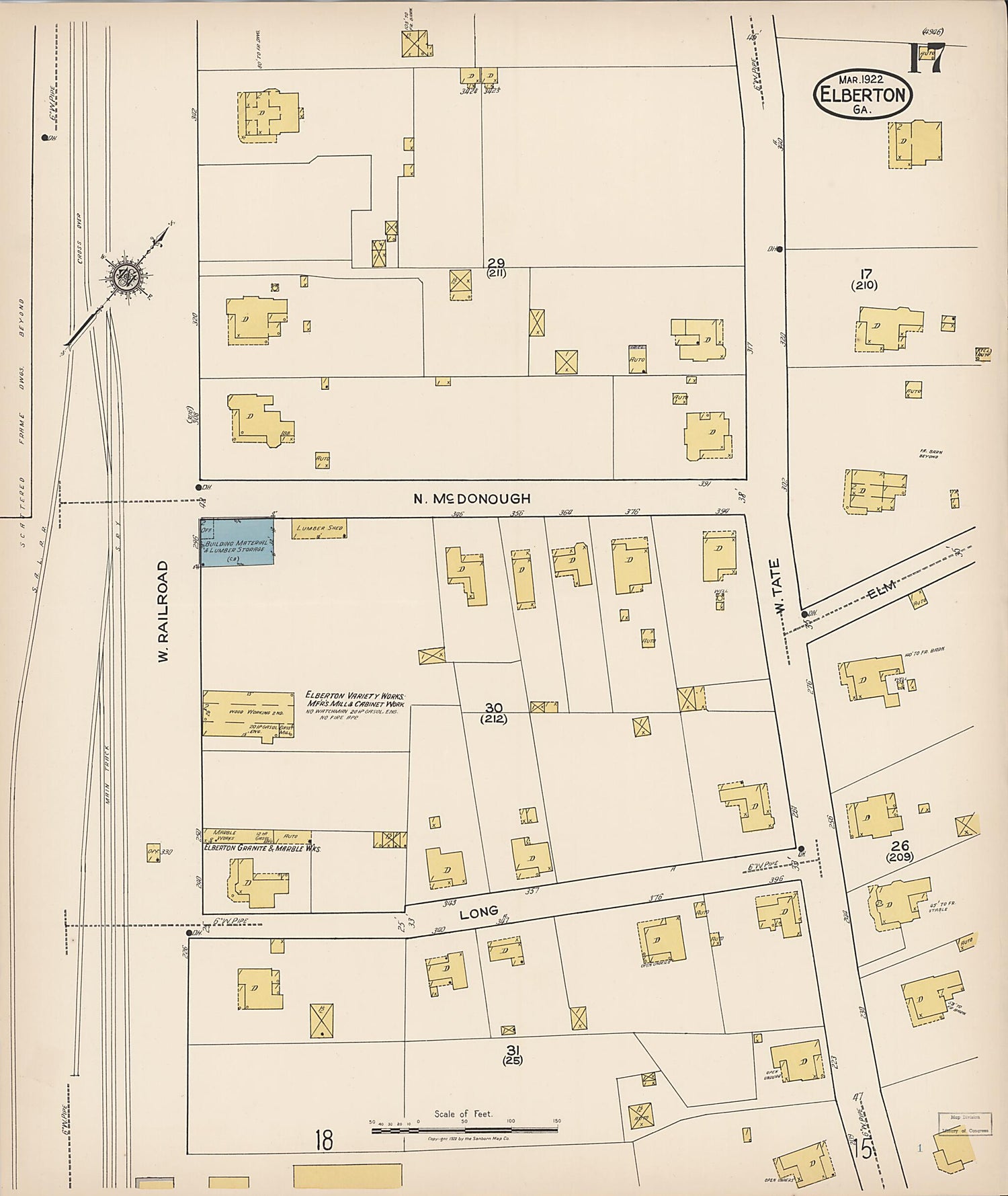 This old map of Elberton, Elbert County, Georgia was created by Sanborn Map Company in 1922