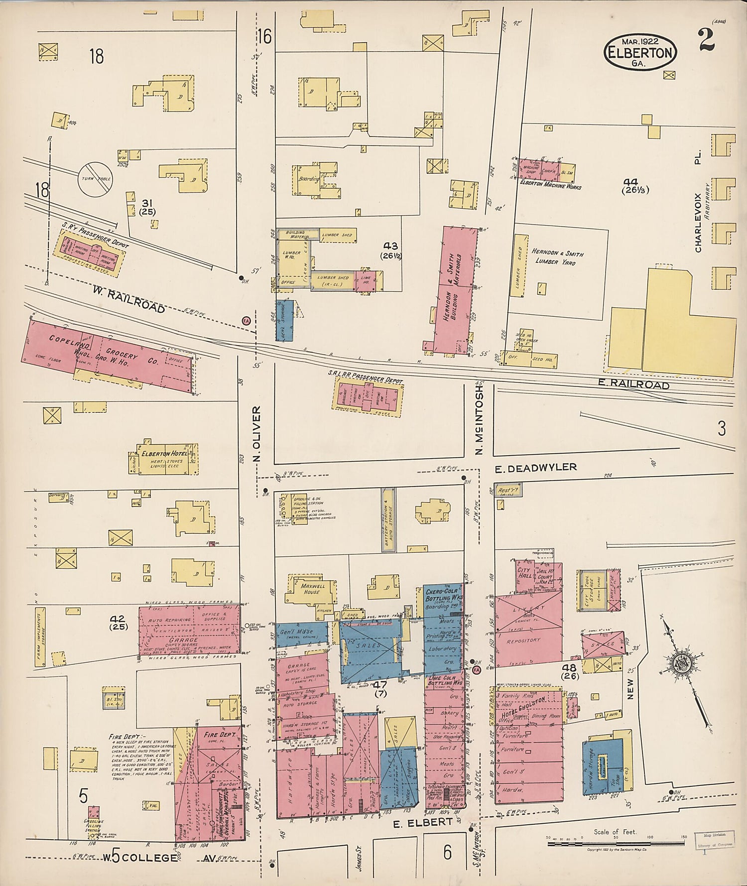 This old map of Elberton, Elbert County, Georgia was created by Sanborn Map Company in 1922