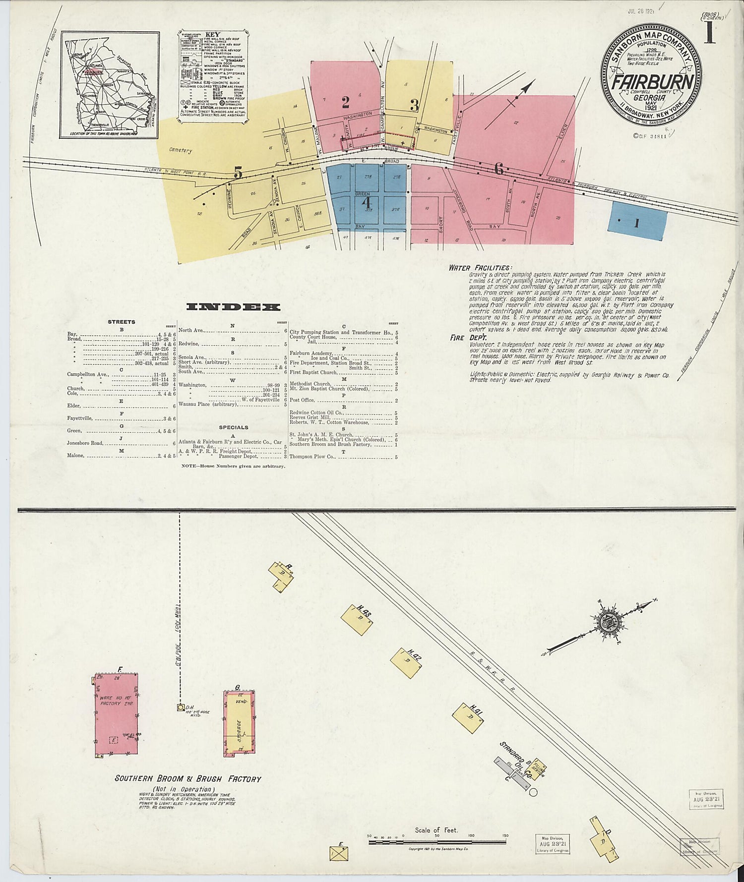 This old map of Fairburn, Fulton County, Georgia was created by Sanborn Map Company in 1921