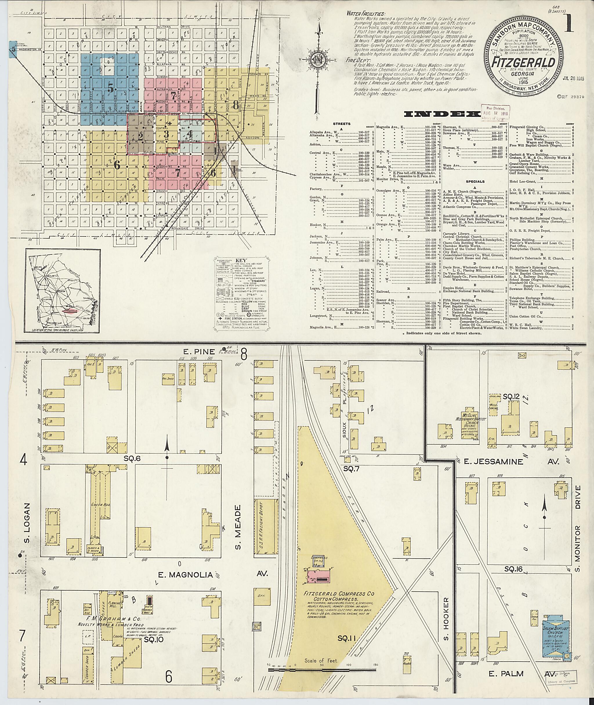 This old map of Fitzgerald, Ben Hill County, Georgia was created by Sanborn Map Company in 1915