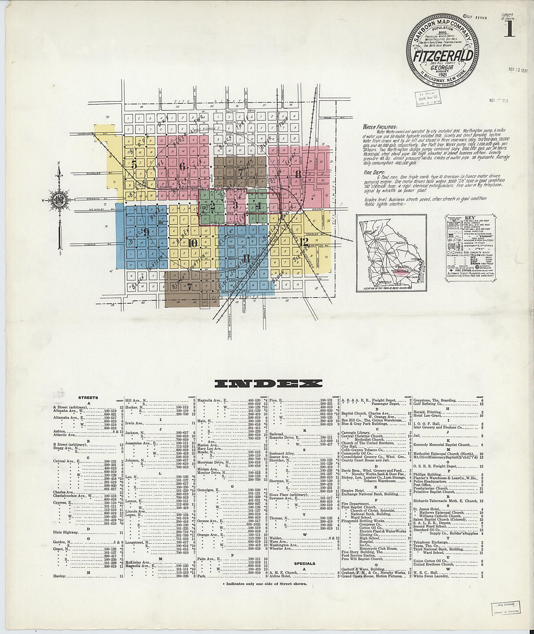 This old map of Fitzgerald, Ben Hill County, Georgia was created by Sanborn Map Company in 1921