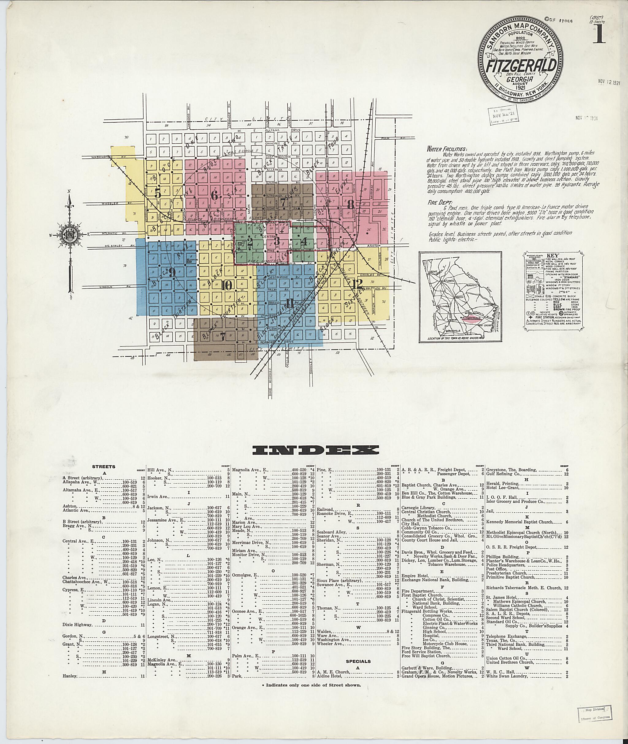 This old map of Fitzgerald, Ben Hill County, Georgia was created by Sanborn Map Company in 1921