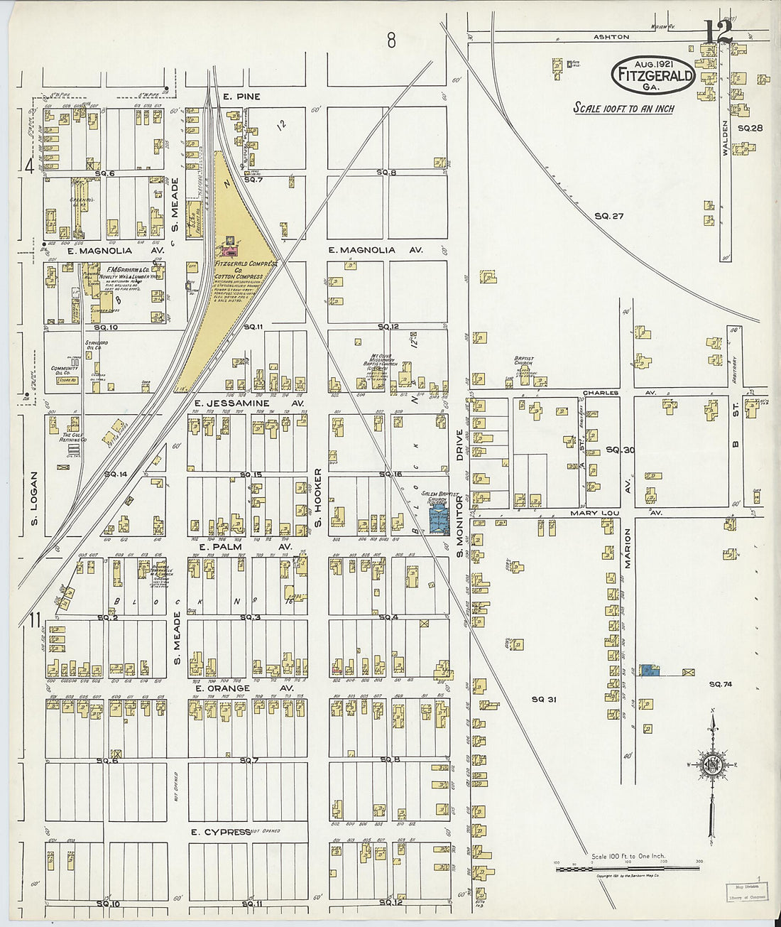 This old map of Fitzgerald, Ben Hill County, Georgia was created by Sanborn Map Company in 1921