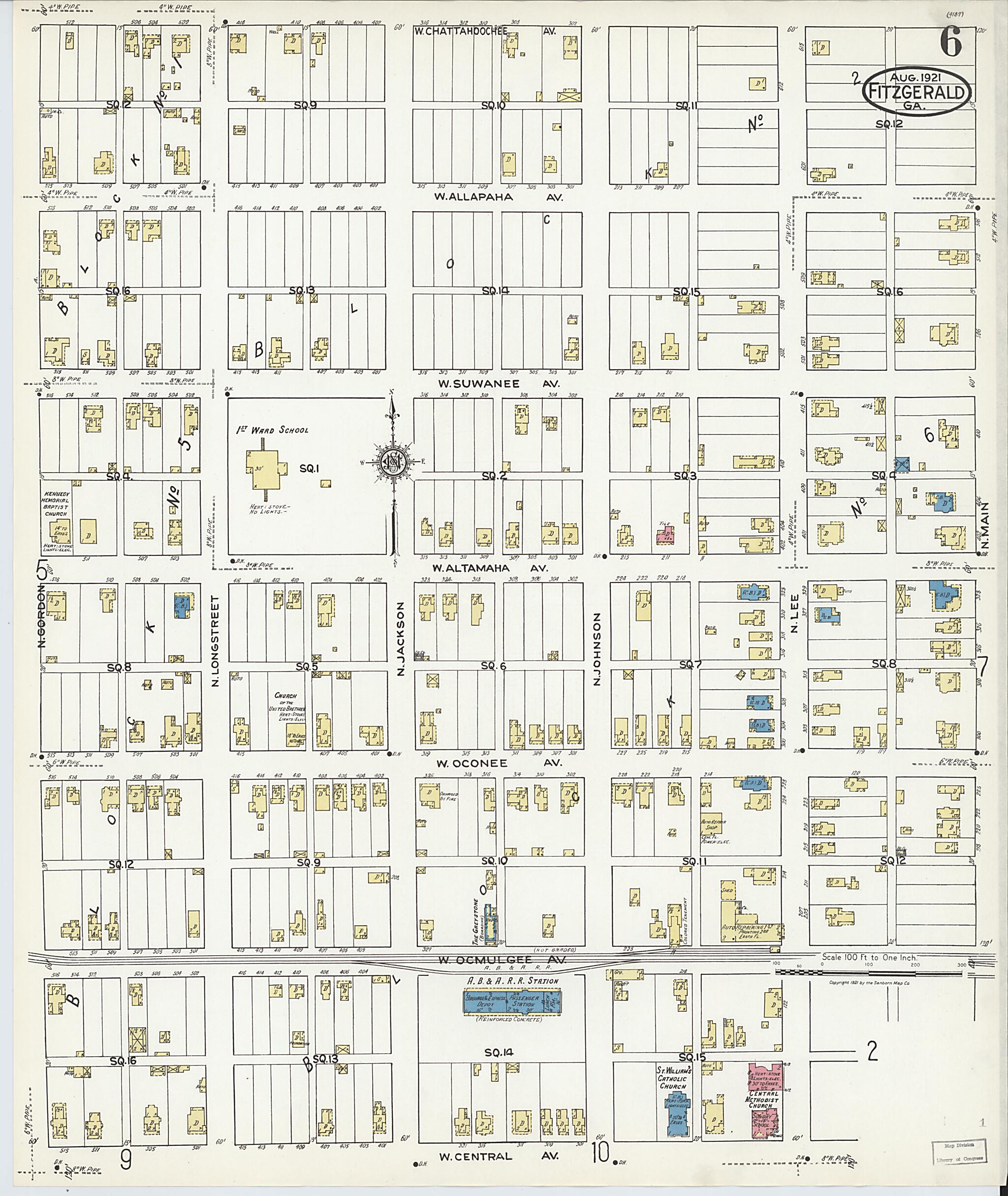 This old map of Fitzgerald, Ben Hill County, Georgia was created by Sanborn Map Company in 1921