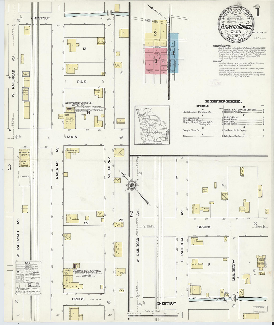 This old map of Flowery Branch, Hall County, Georgia was created by Sanborn Map Company in 1912