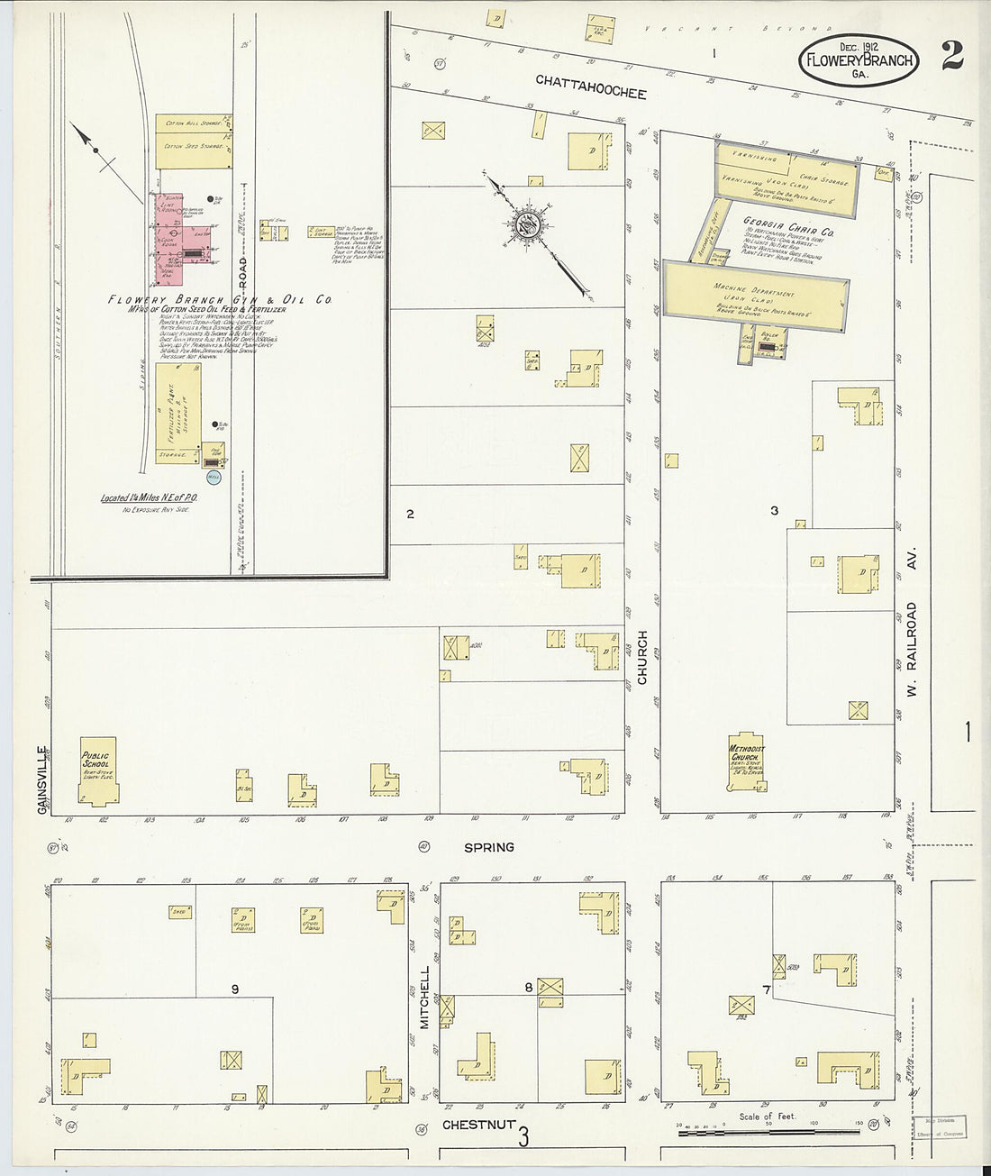 This old map of Flowery Branch, Hall County, Georgia was created by Sanborn Map Company in 1912