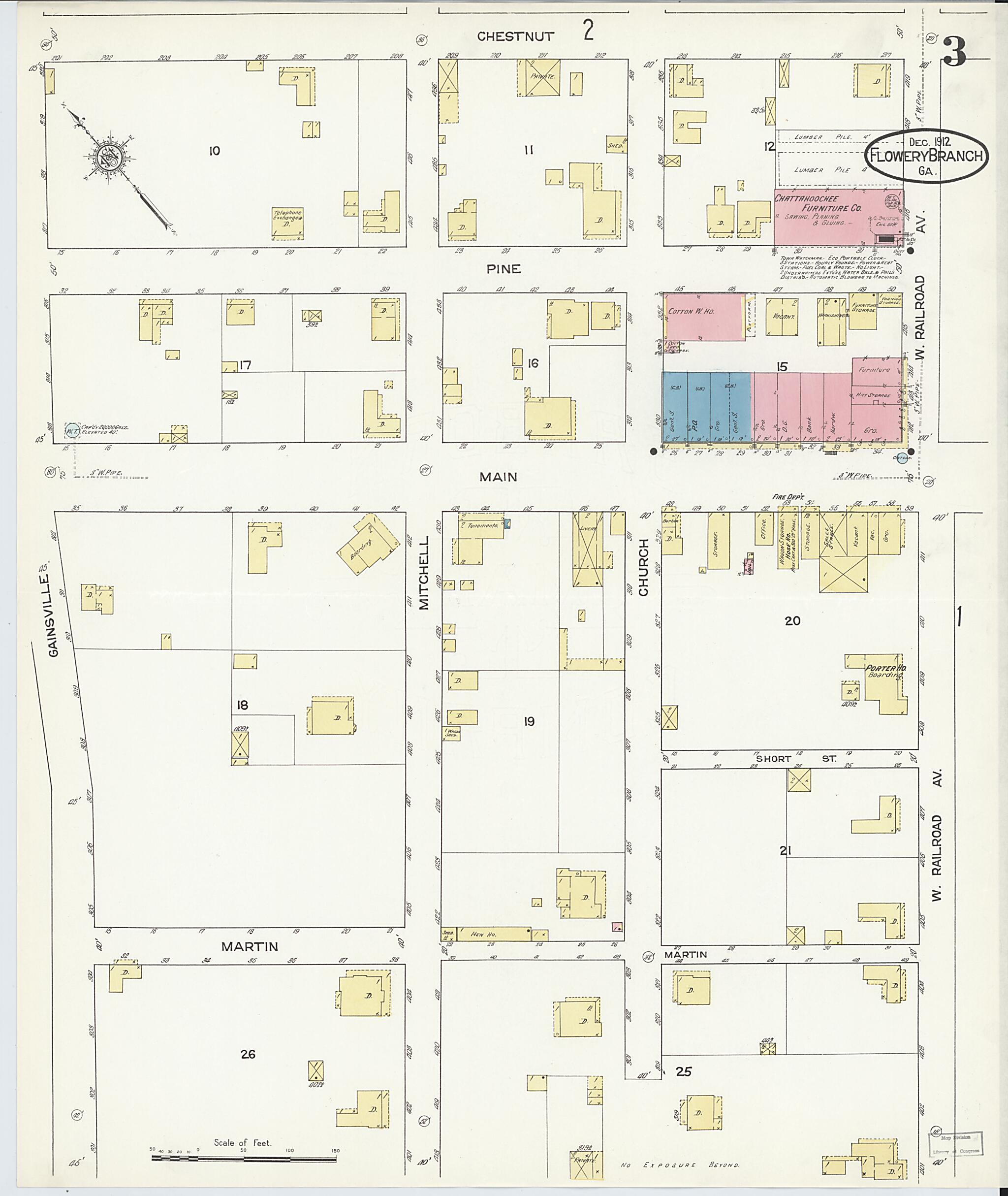 This old map of Flowery Branch, Hall County, Georgia was created by Sanborn Map Company in 1912