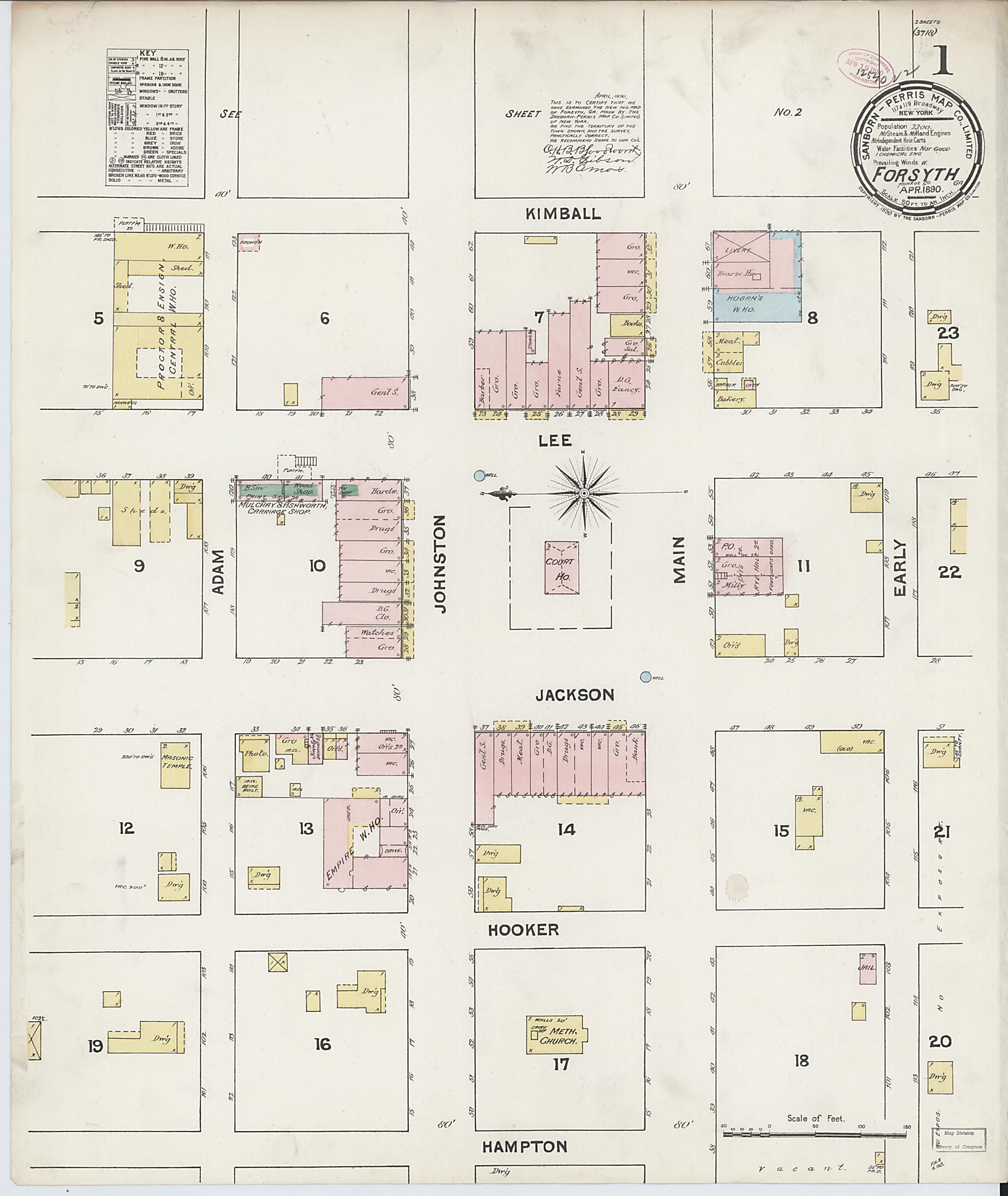 This old map of Forsyth, Monroe County, Georgia was created by Sanborn Map Company in 1890