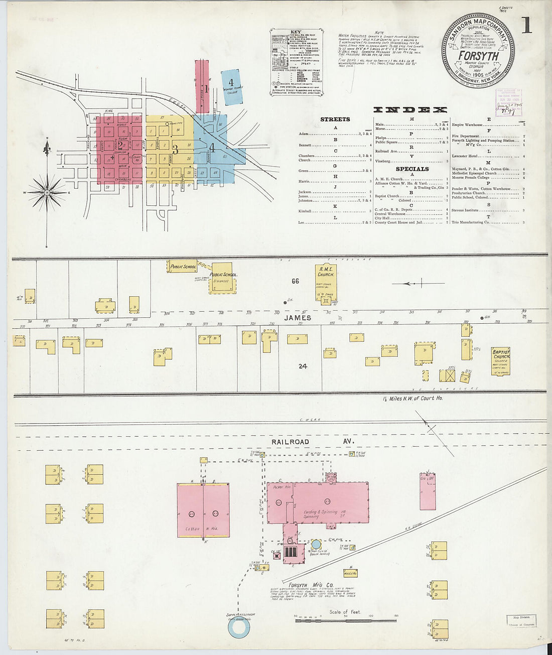 This old map of Forsyth, Monroe County, Georgia was created by Sanborn Map Company in 1905