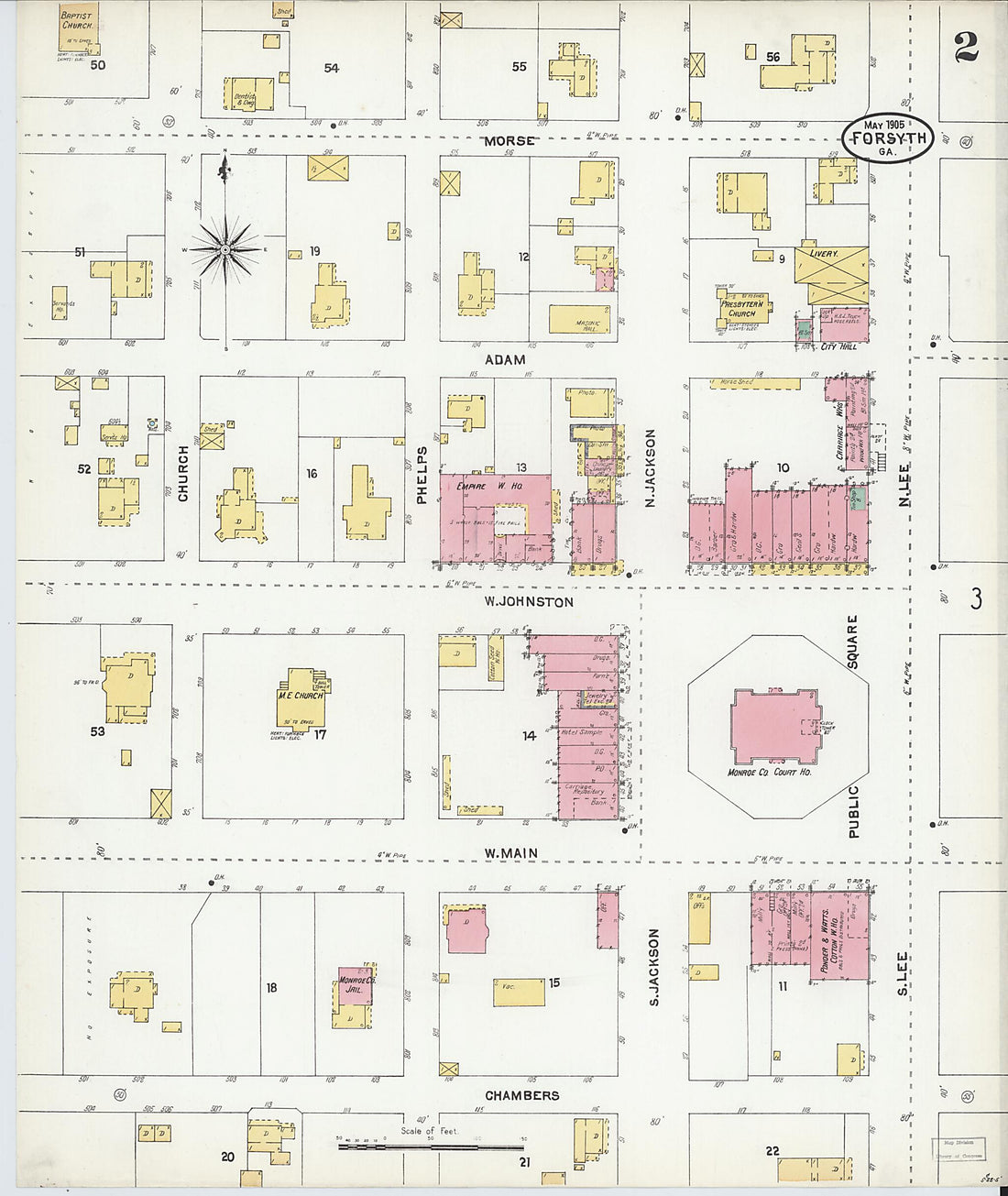 This old map of Forsyth, Monroe County, Georgia was created by Sanborn Map Company in 1905