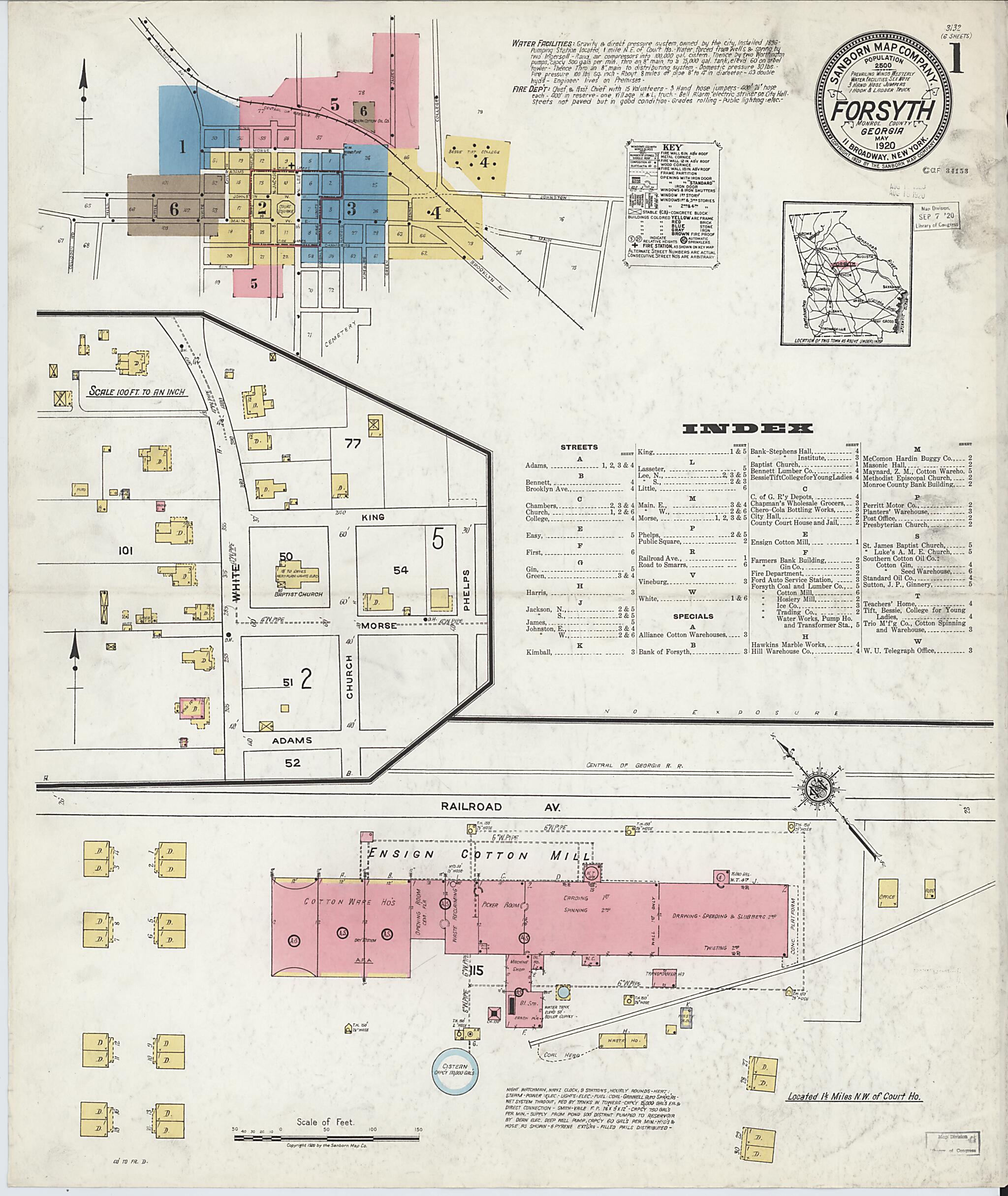 This old map of Forsyth, Monroe County, Georgia was created by Sanborn Map Company in 1920