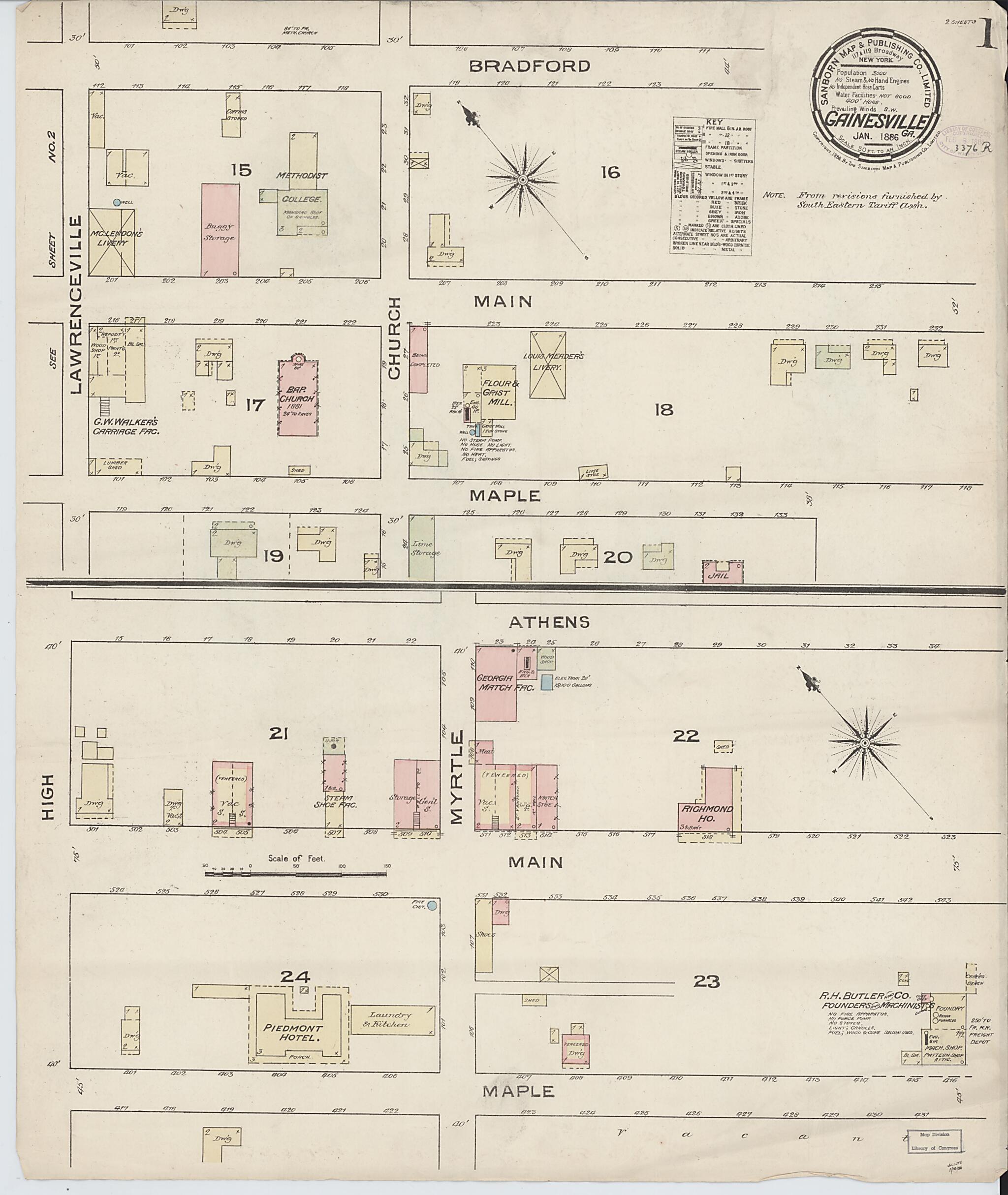 This old map of Gainesville, Hall County, Georgia was created by Sanborn Map Company in 1886