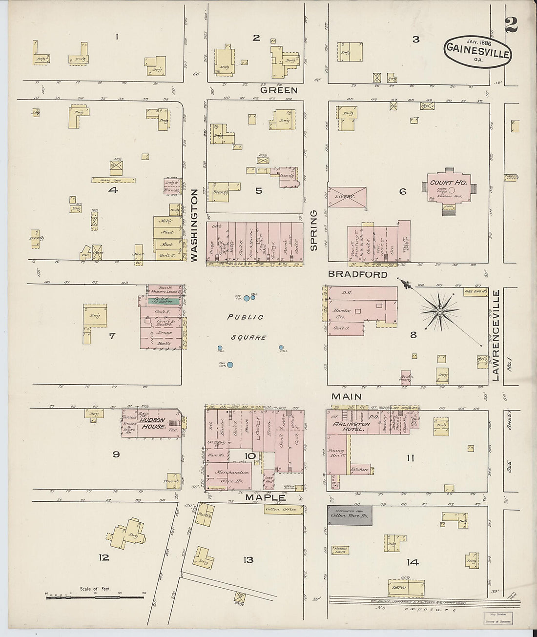 This old map of Gainesville, Hall County, Georgia was created by Sanborn Map Company in 1886