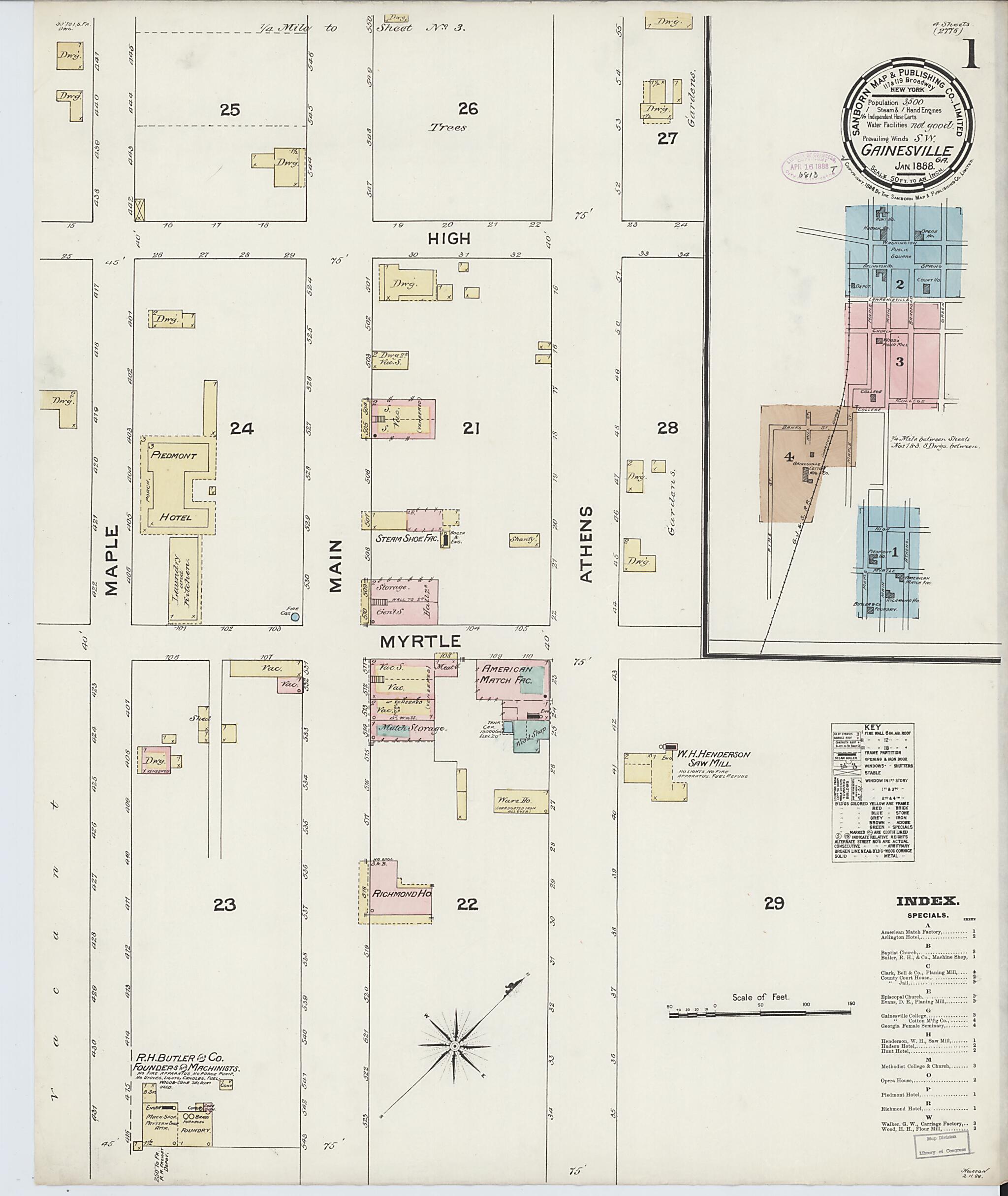 This old map of Gainesville, Hall County, Georgia was created by Sanborn Map Company in 1888