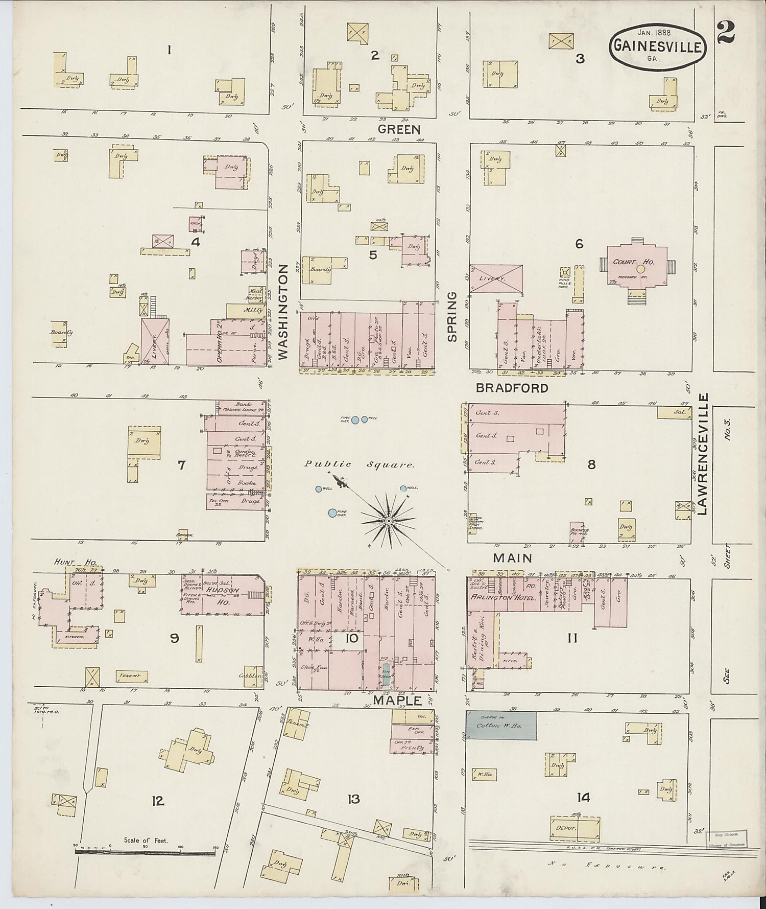 This old map of Gainesville, Hall County, Georgia was created by Sanborn Map Company in 1888