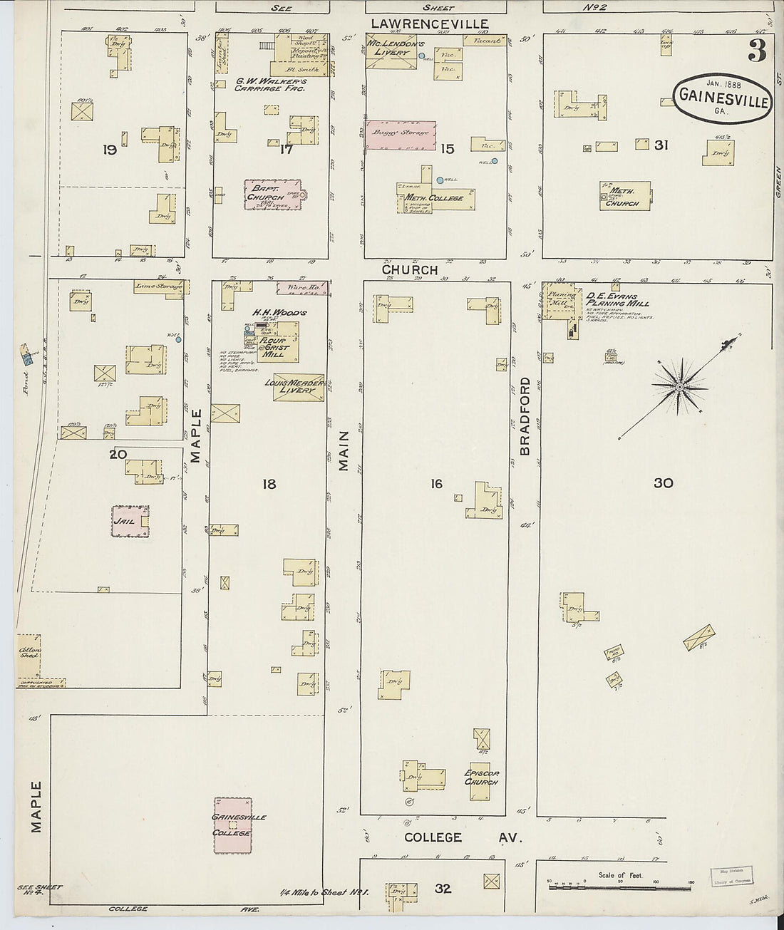 This old map of Gainesville, Hall County, Georgia was created by Sanborn Map Company in 1888