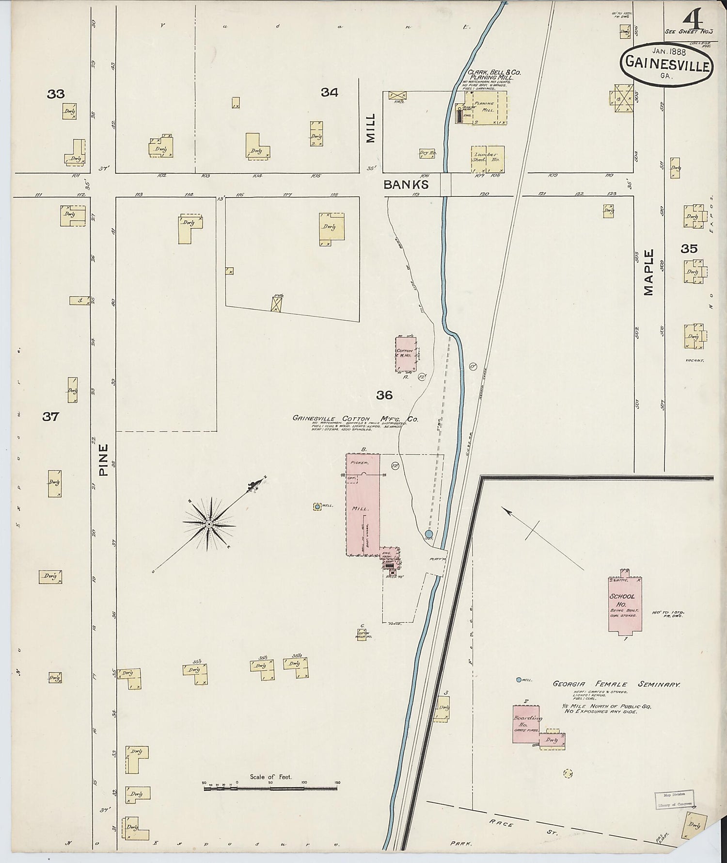 This old map of Gainesville, Hall County, Georgia was created by Sanborn Map Company in 1888