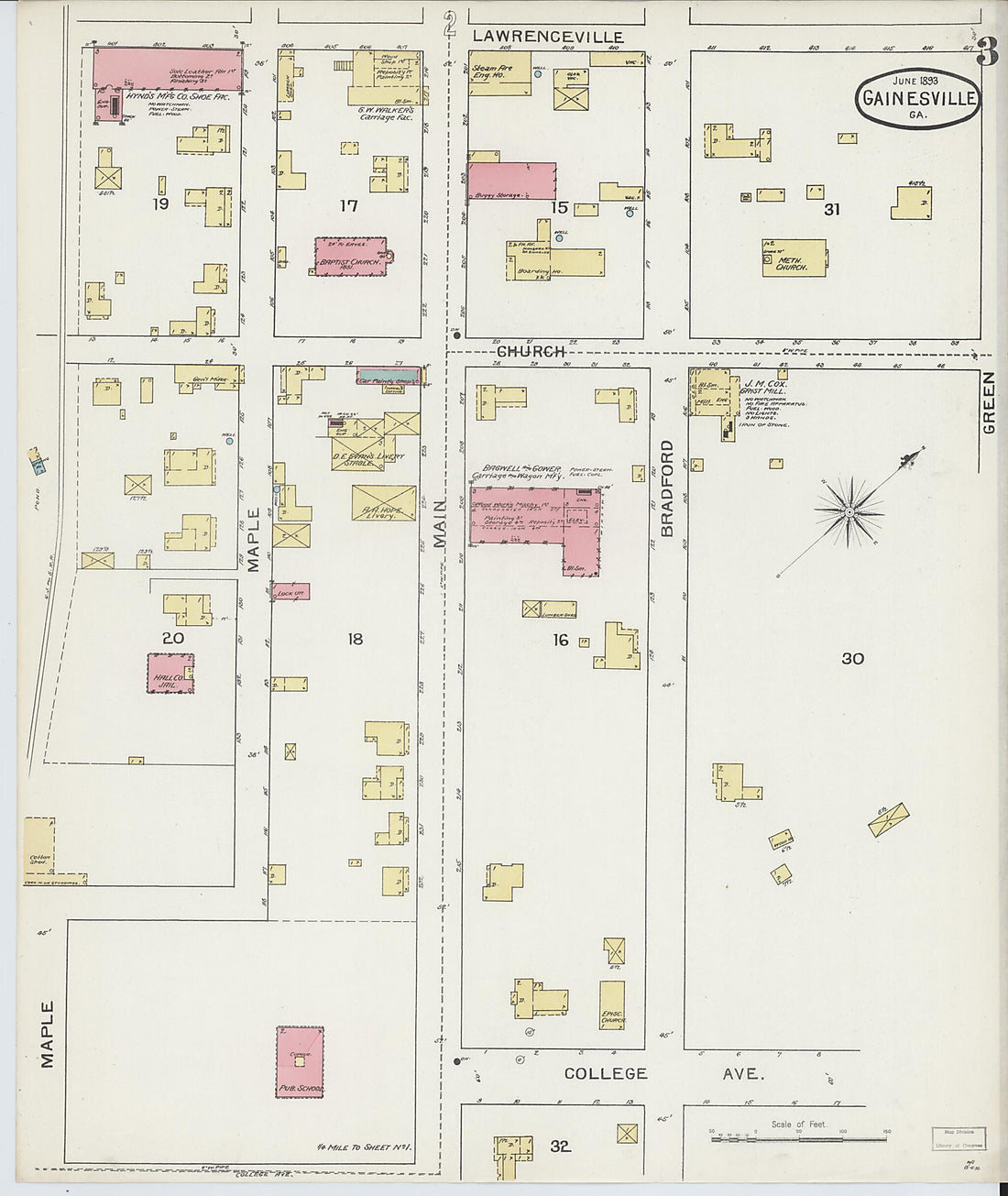 This old map of Gainesville, Hall County, Georgia was created by Sanborn Map Company in 1893