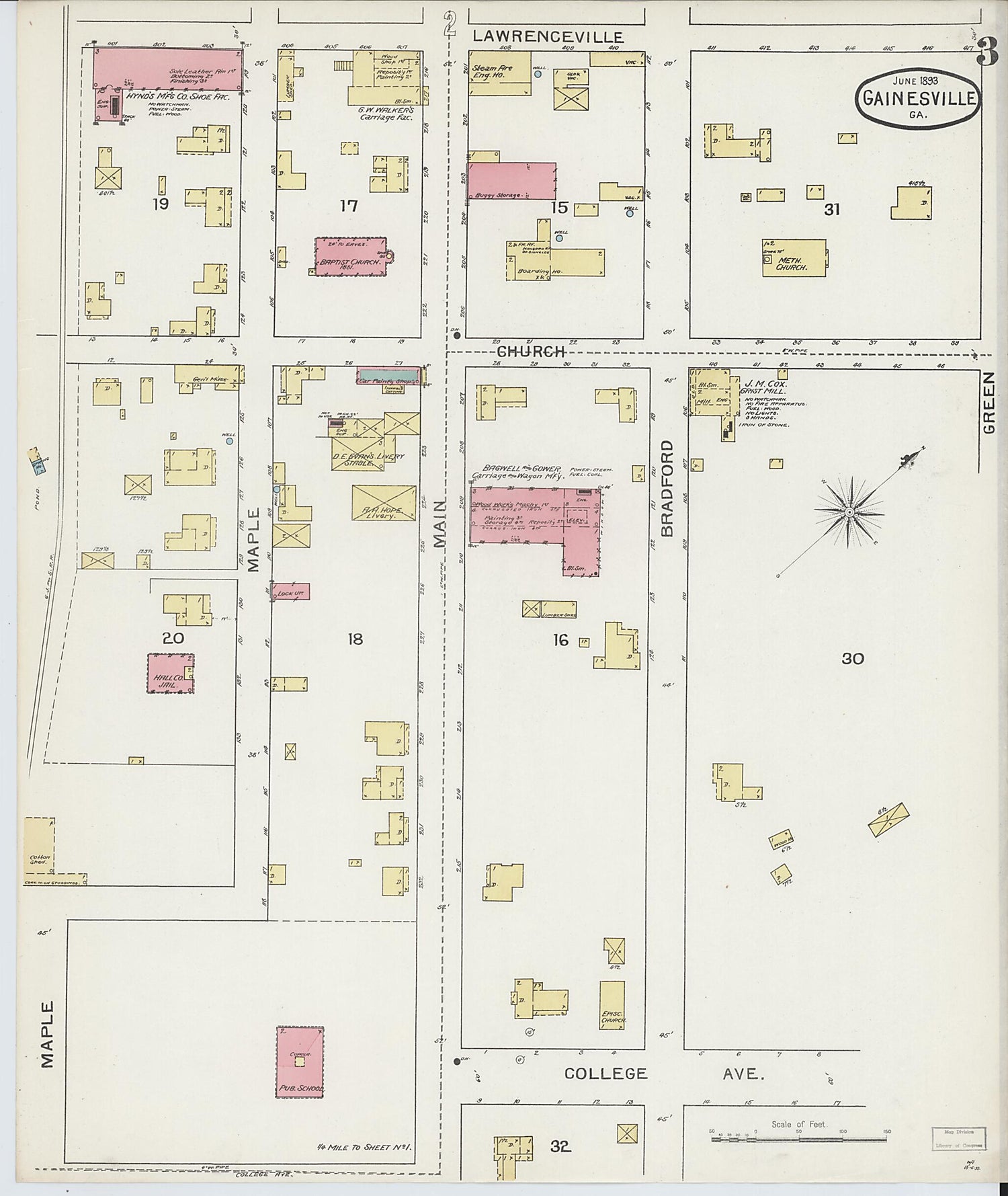 This old map of Gainesville, Hall County, Georgia was created by Sanborn Map Company in 1893