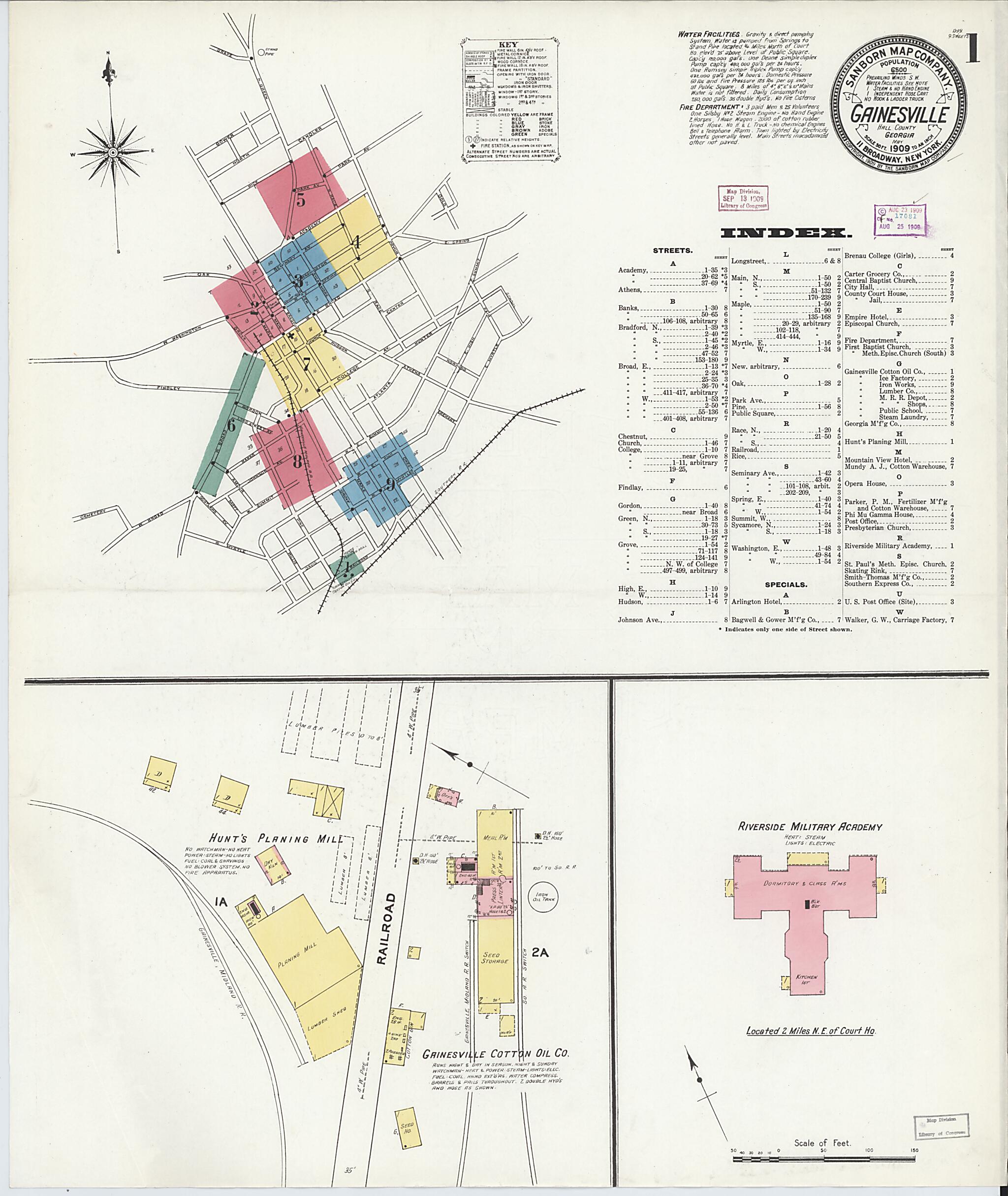 This old map of Gainesville, Hall County, Georgia was created by Sanborn Map Company in 1909