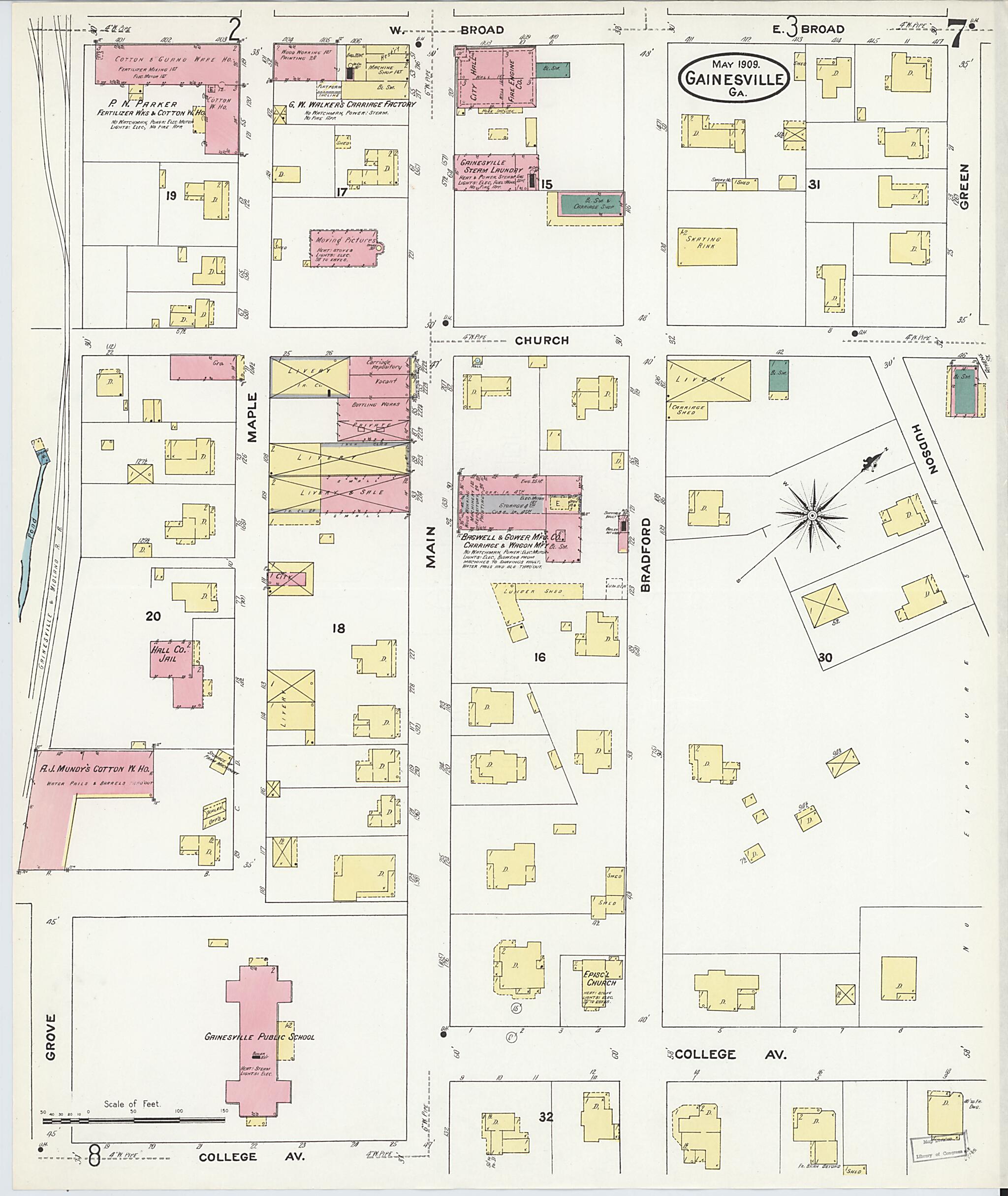 This old map of Gainesville, Hall County, Georgia was created by Sanborn Map Company in 1909