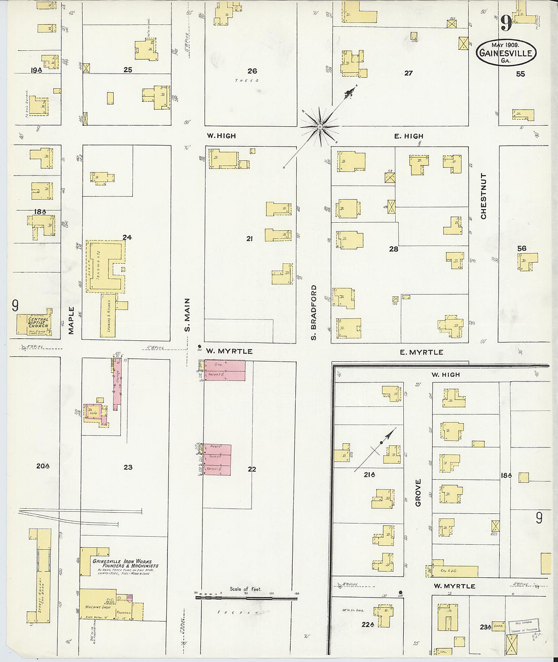 This old map of Gainesville, Hall County, Georgia was created by Sanborn Map Company in 1909