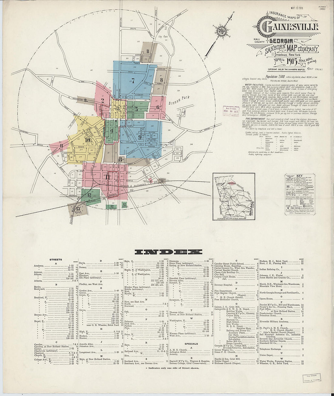 This old map of Gainesville, Hall County, Georgia was created by Sanborn Map Company in 1915