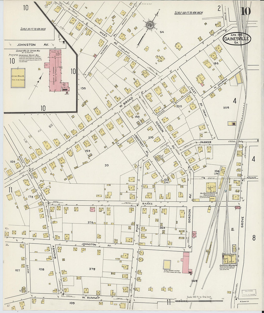 This old map of Gainesville, Hall County, Georgia was created by Sanborn Map Company in 1915