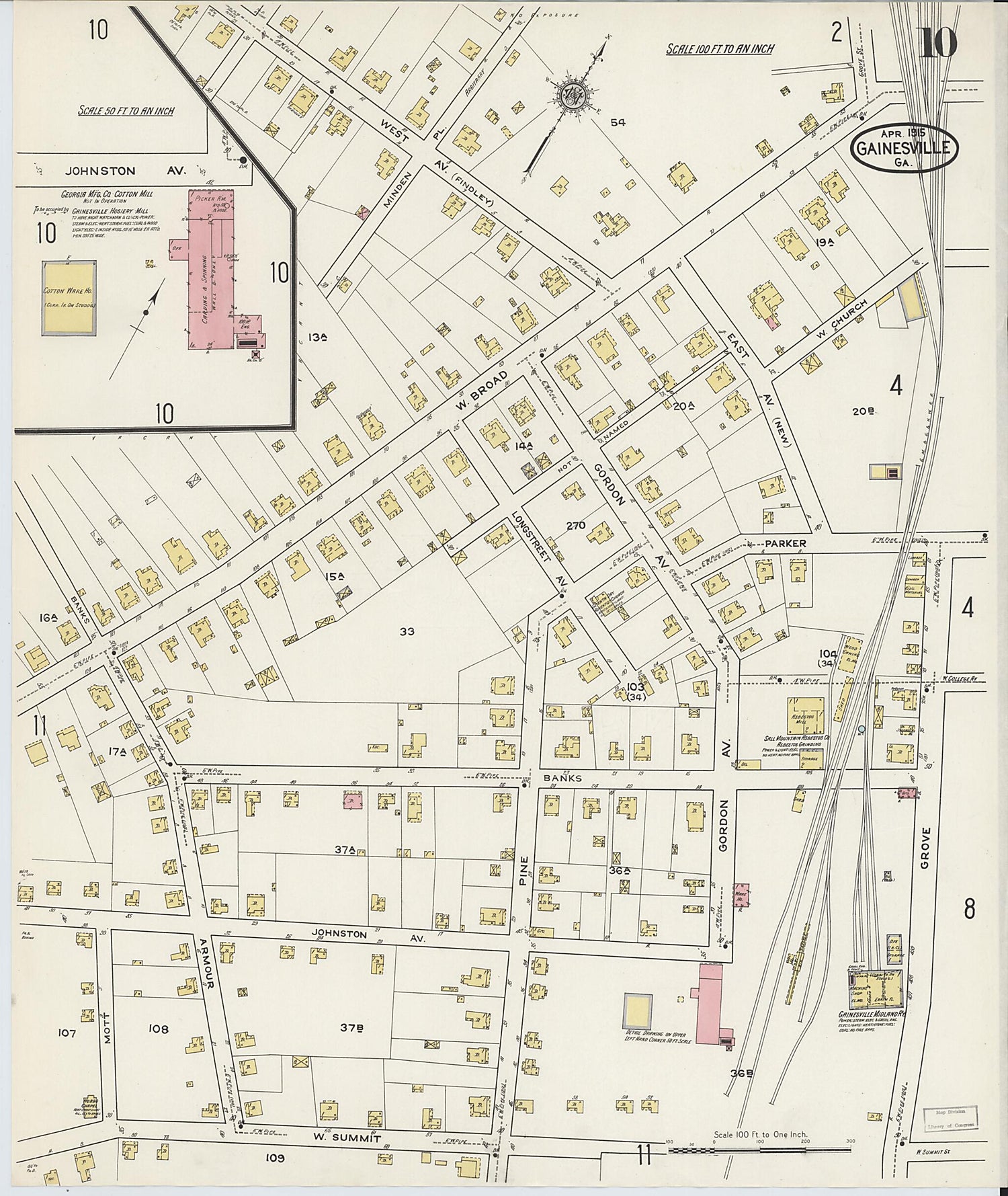 This old map of Gainesville, Hall County, Georgia was created by Sanborn Map Company in 1915