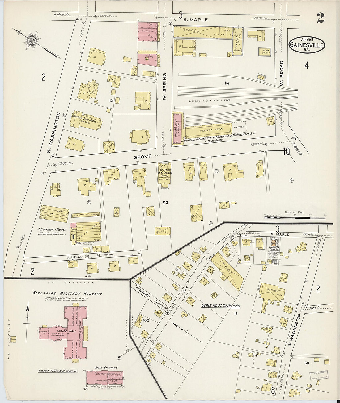 This old map of Gainesville, Hall County, Georgia was created by Sanborn Map Company in 1915