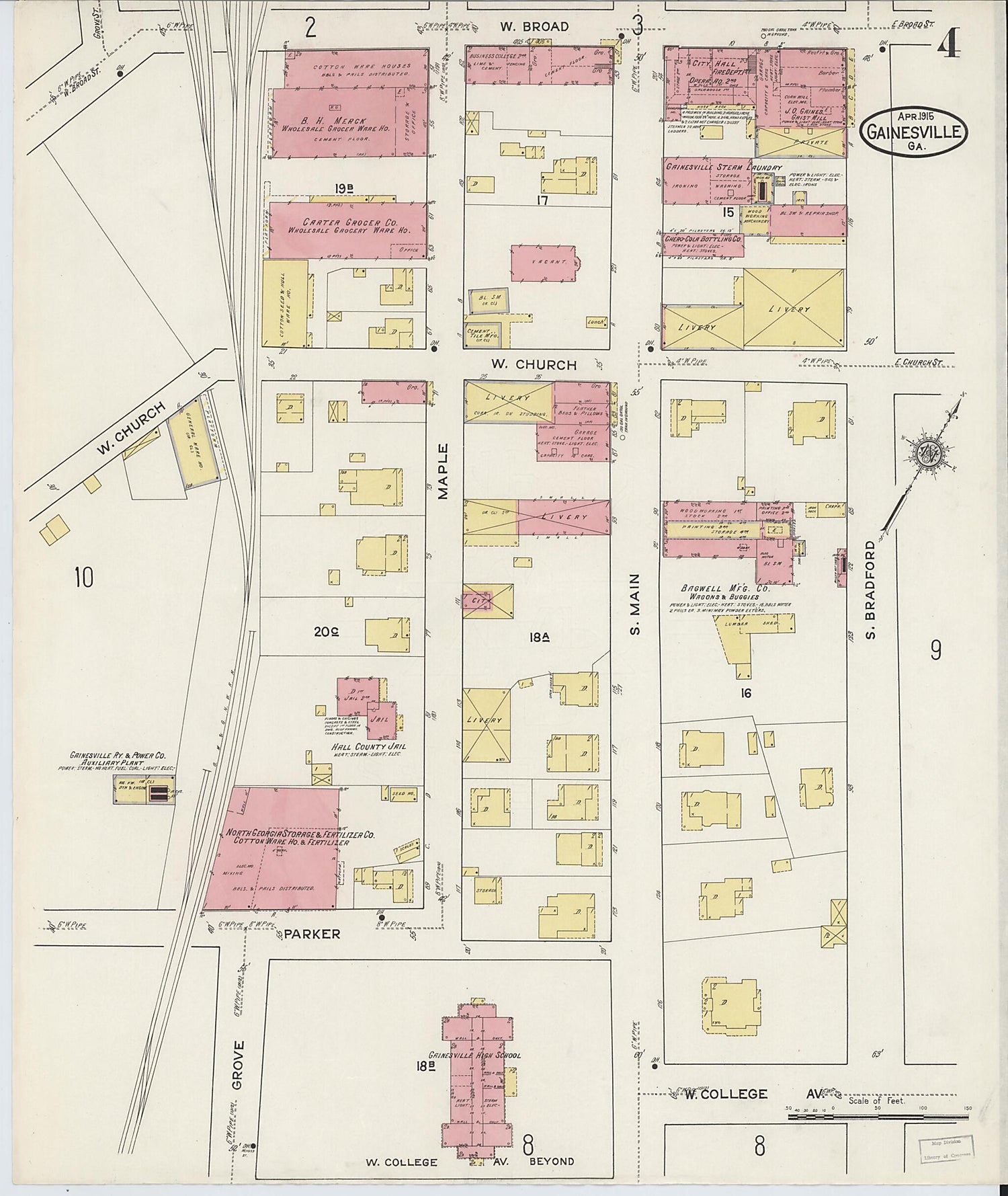 This old map of Gainesville, Hall County, Georgia was created by Sanborn Map Company in 1915