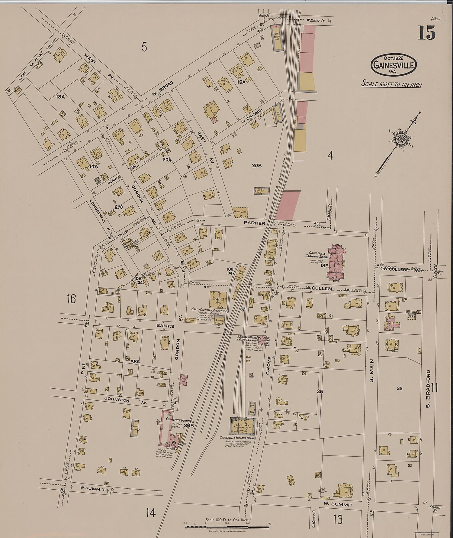 This old map of Gainesville, Hall County, Georgia was created by Sanborn Map Company in 1922