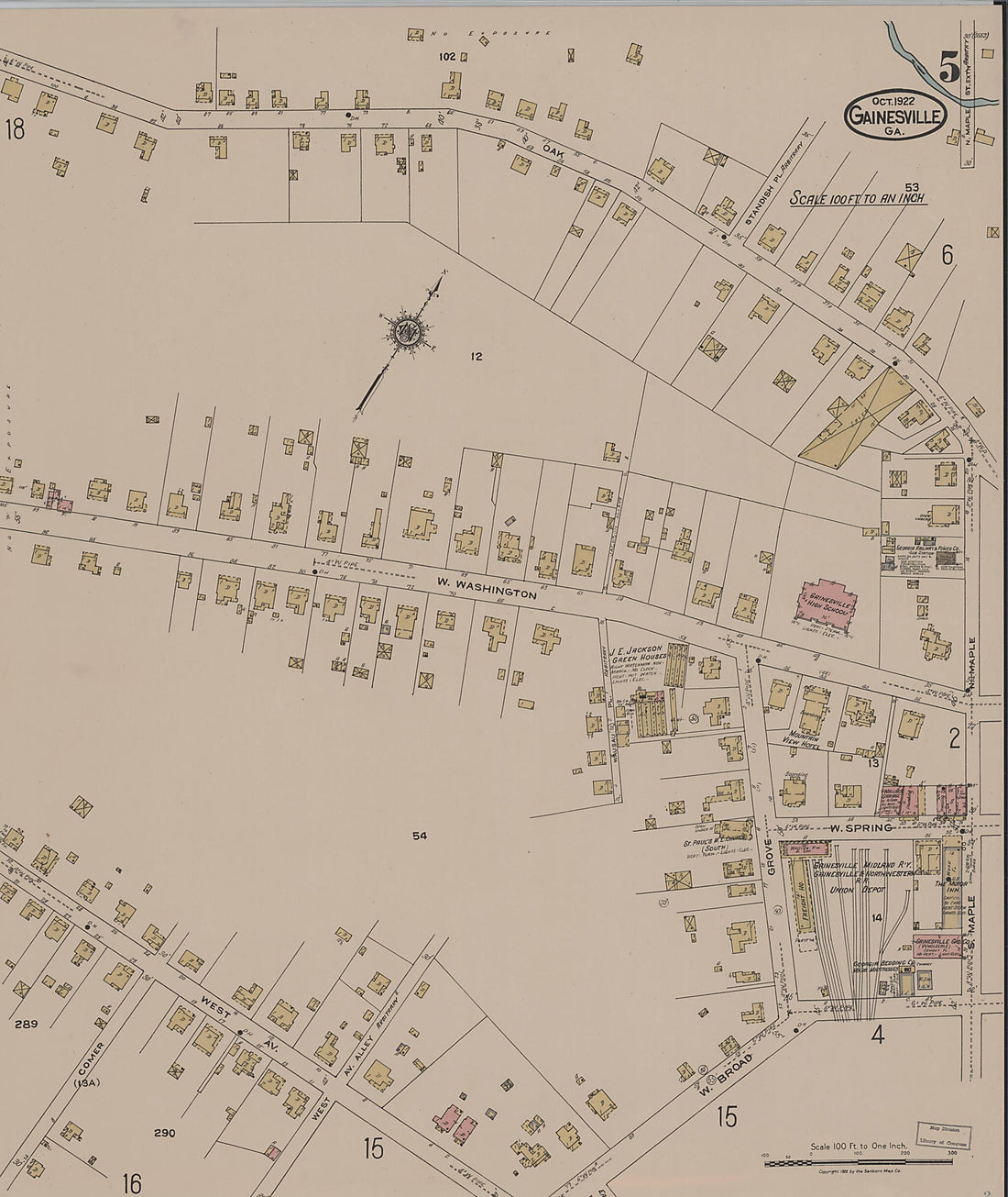 This old map of Gainesville, Hall County, Georgia was created by Sanborn Map Company in 1922