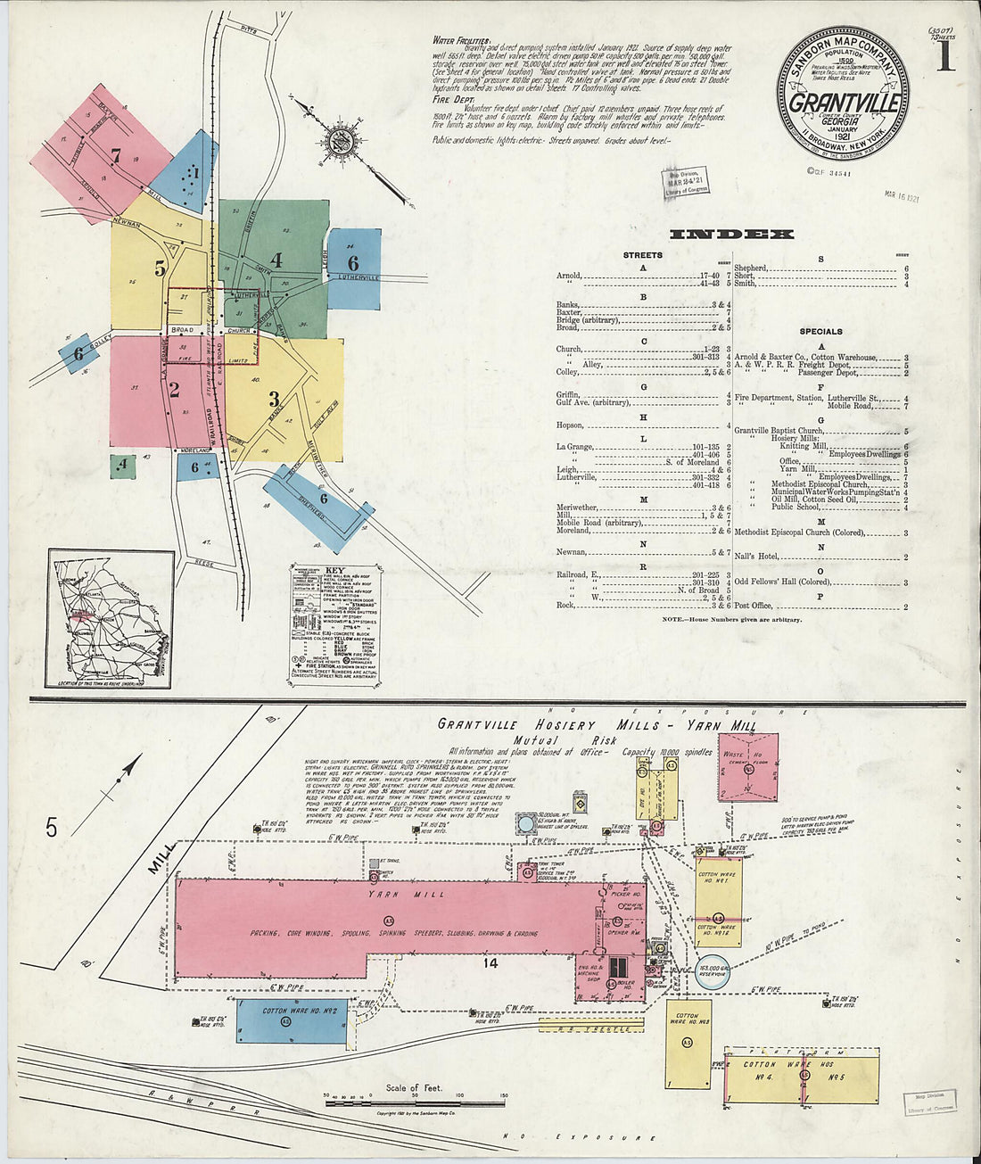 This old map of Grantville, Coweta County, Georgia was created by Sanborn Map Company in 1921