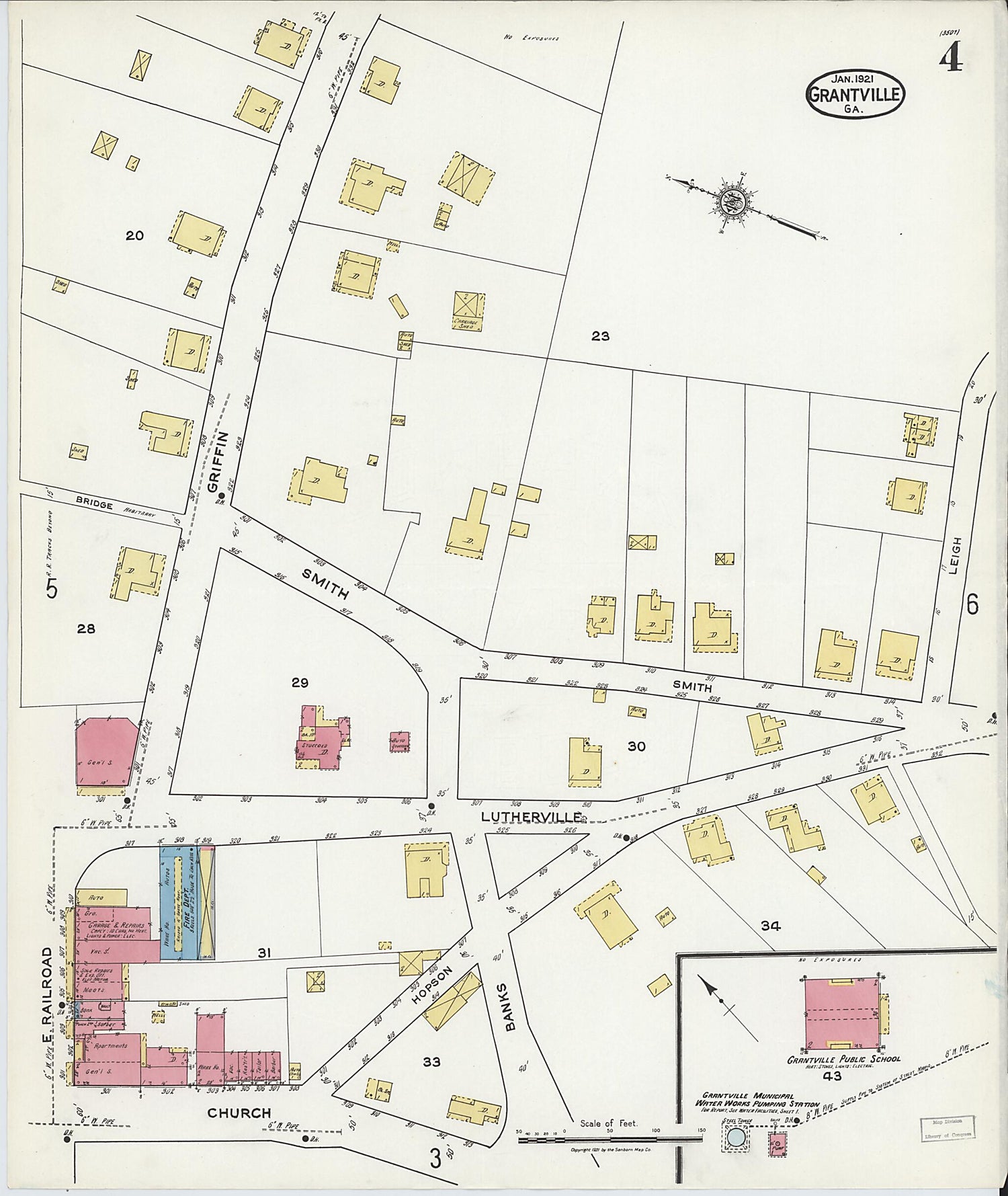 This old map of Grantville, Coweta County, Georgia was created by Sanborn Map Company in 1921