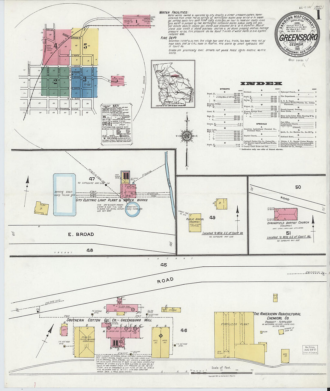 This old map of Greensboro, Greene County, Georgia was created by Sanborn Map Company in 1921