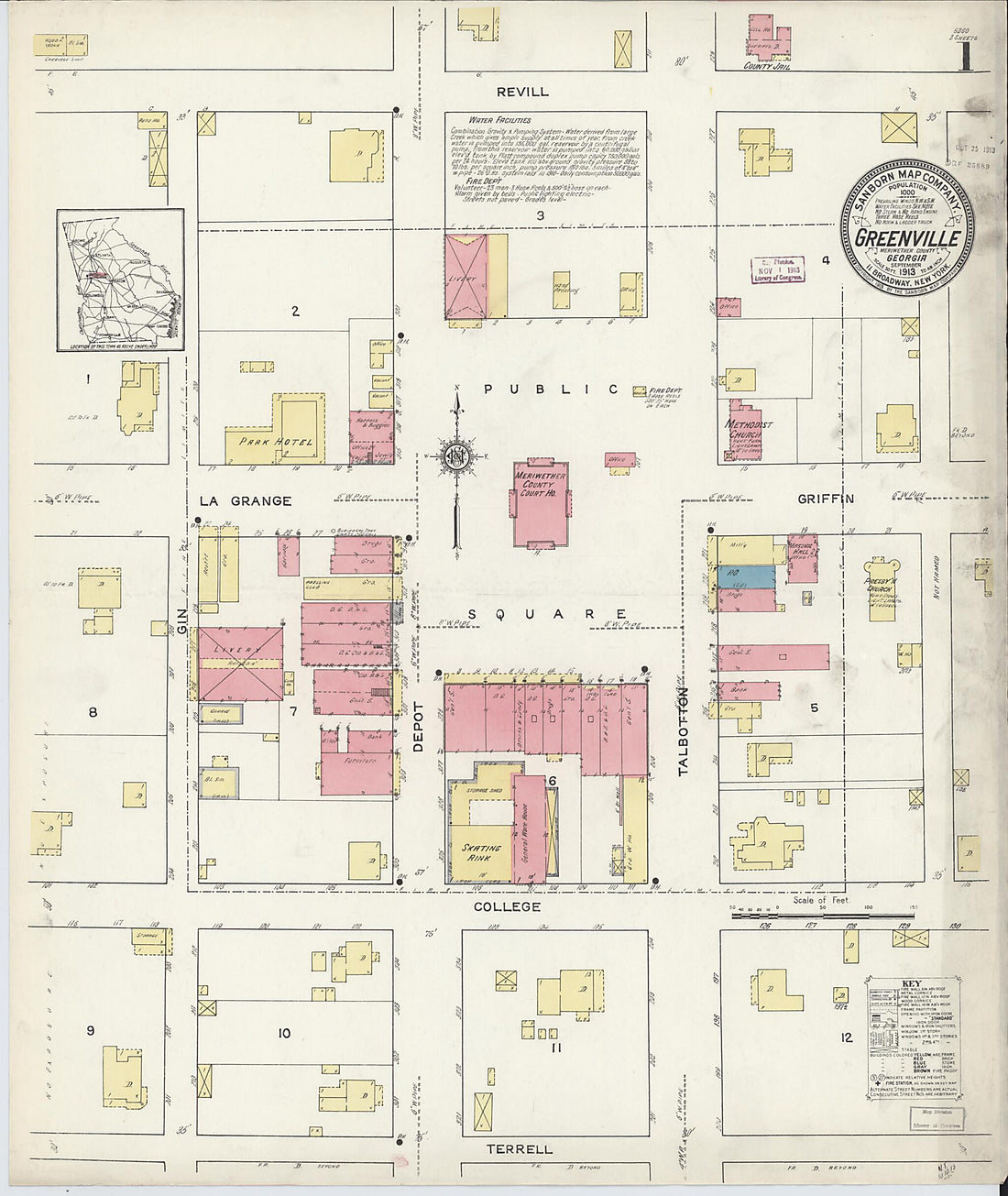 This old map of Greenville, Meriweather County, Georgia was created by Sanborn Map Company in 1913