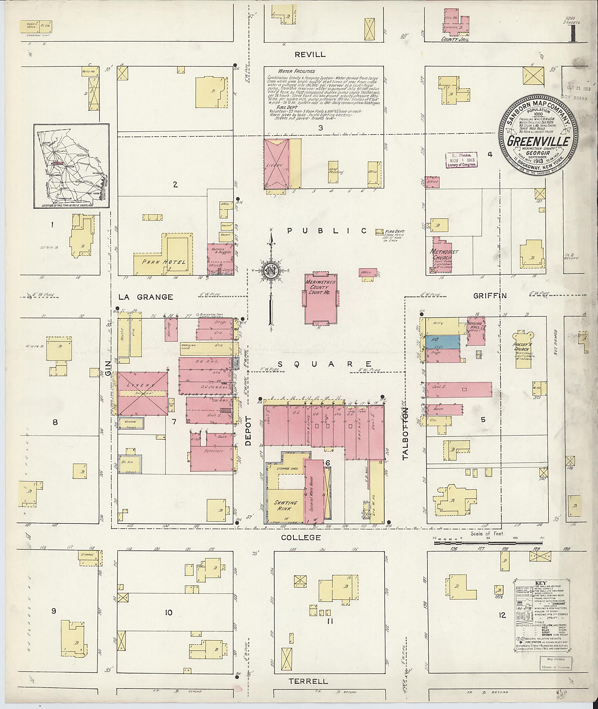 This old map of Greenville, Meriweather County, Georgia was created by Sanborn Map Company in 1913