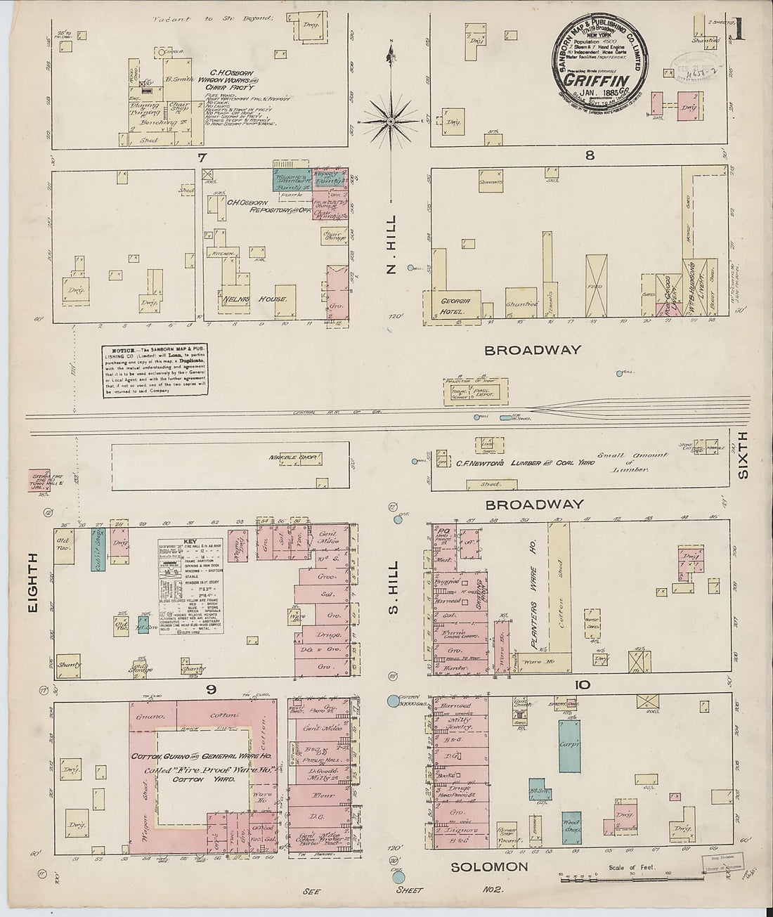 This old map of Griffin, Spalding County, Georgia was created by Sanborn Map Company in 1885