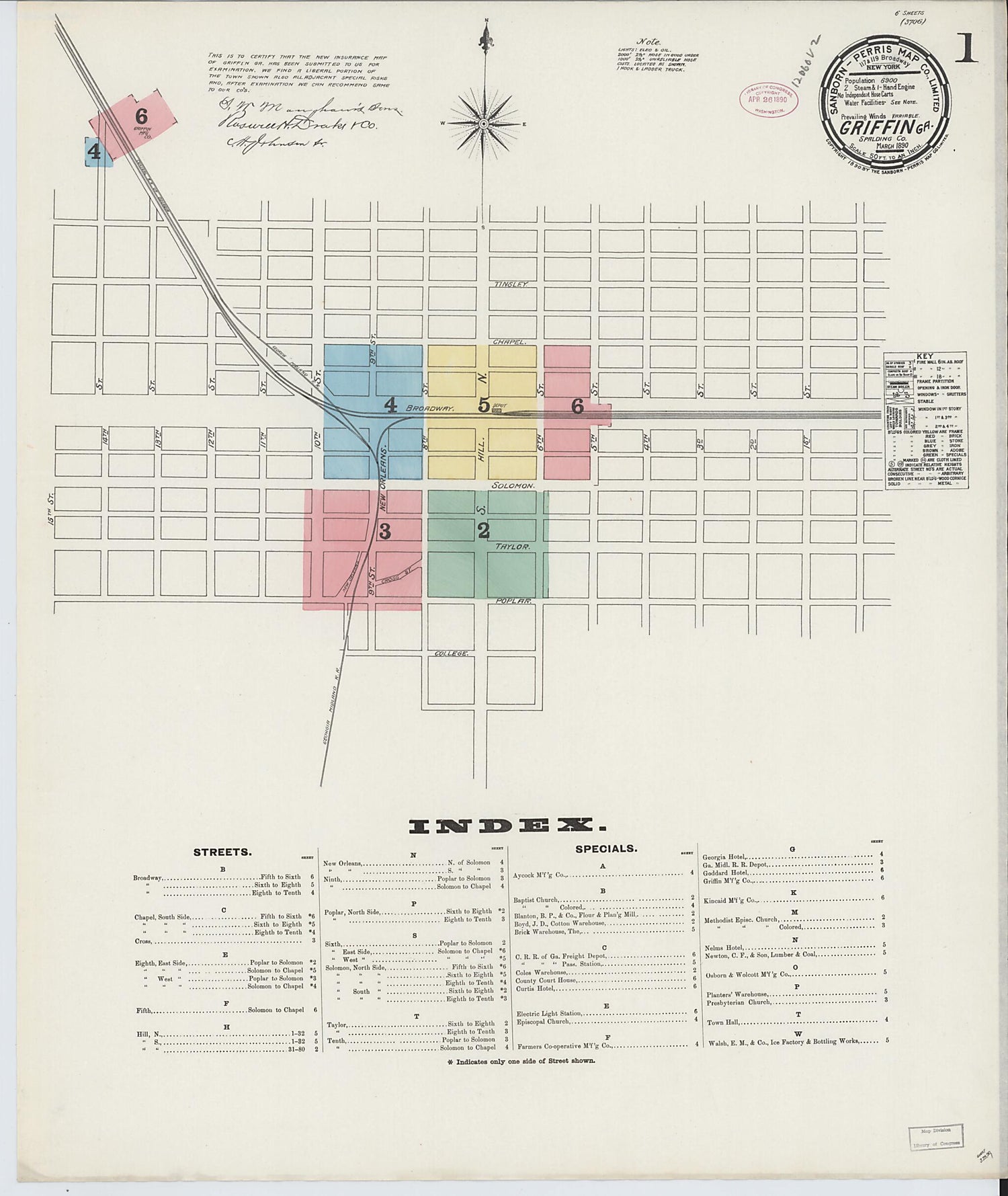 This old map of Griffin, Spalding County, Georgia was created by Sanborn Map Company in 1890