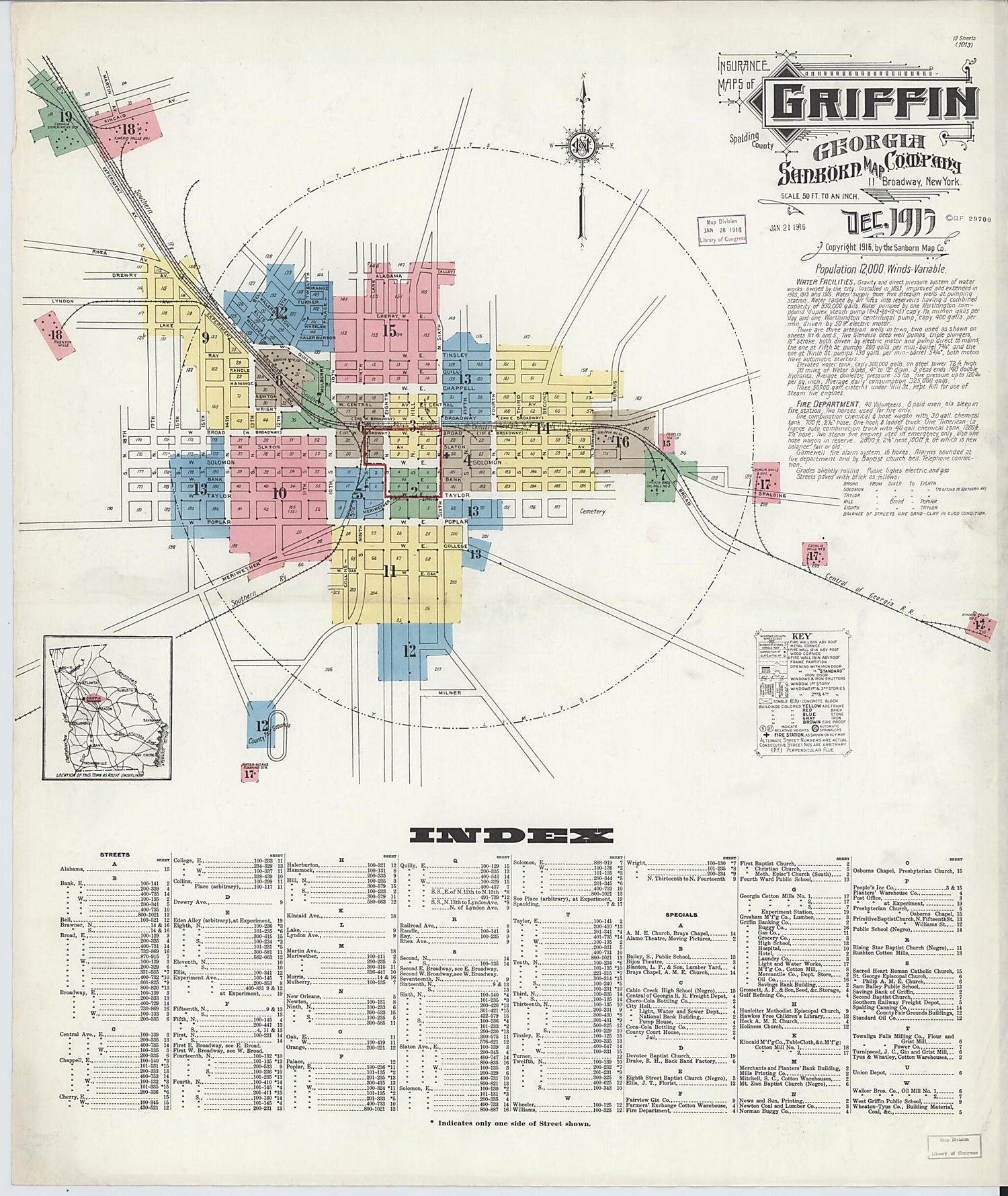 This old map of Griffin, Spalding County, Georgia was created by Sanborn Map Company in 1915