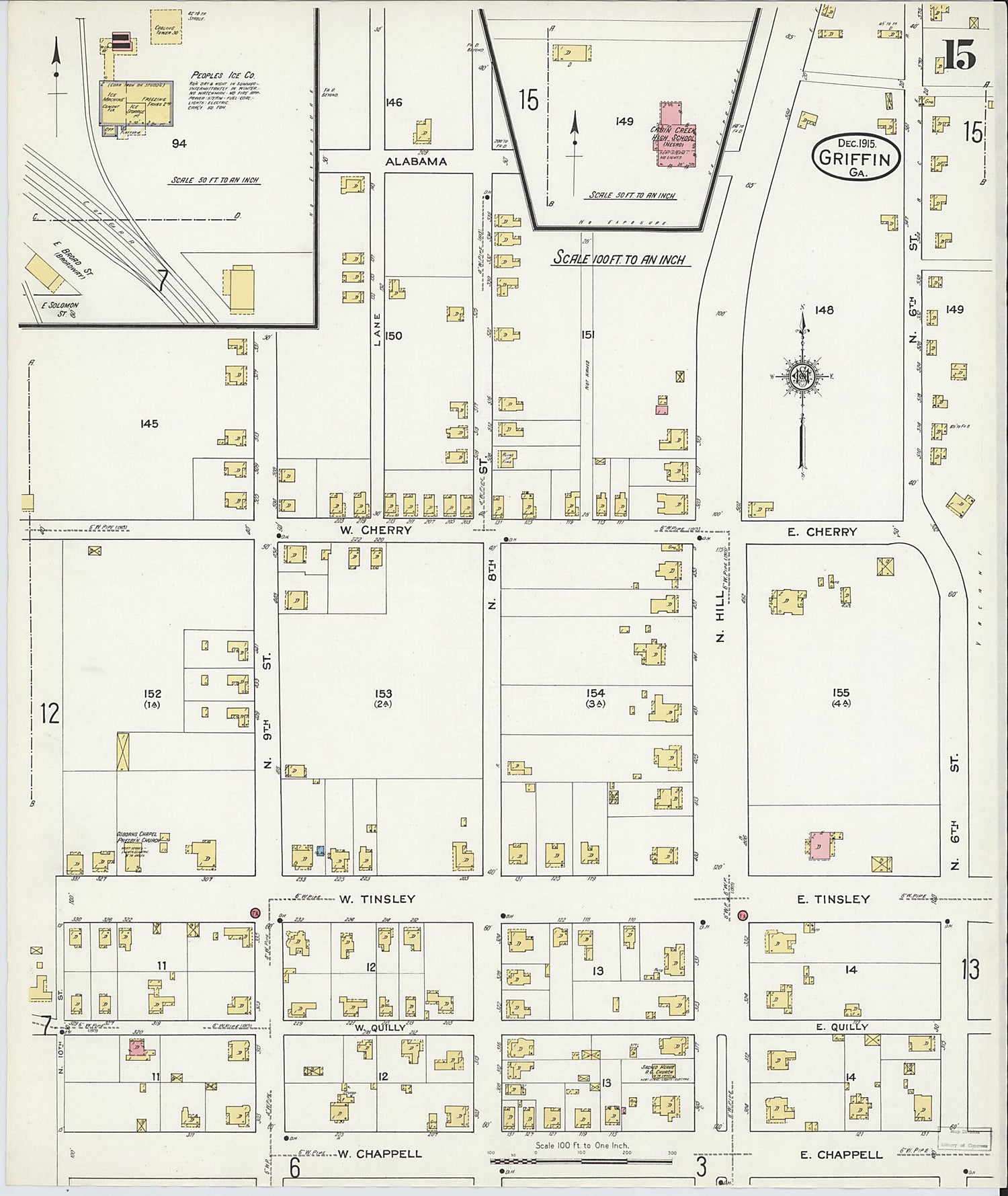 This old map of Griffin, Spalding County, Georgia was created by Sanborn Map Company in 1915