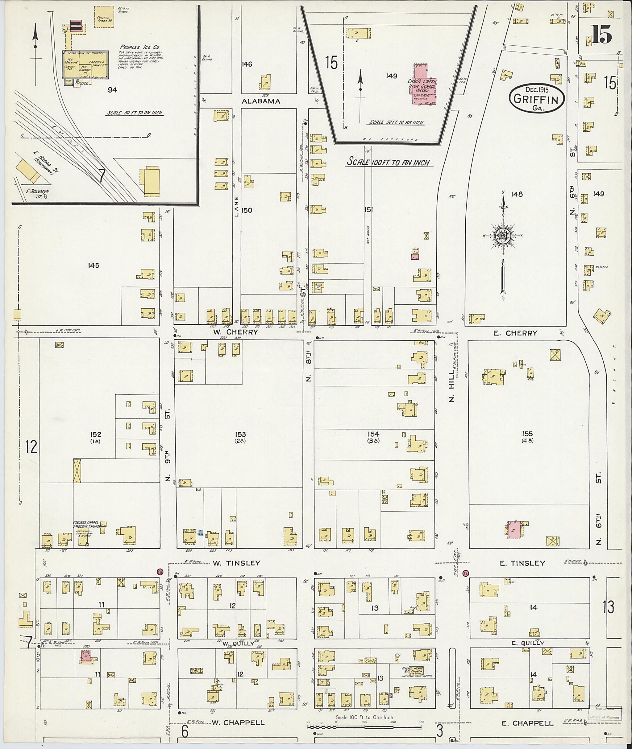 This old map of Griffin, Spalding County, Georgia was created by Sanborn Map Company in 1915