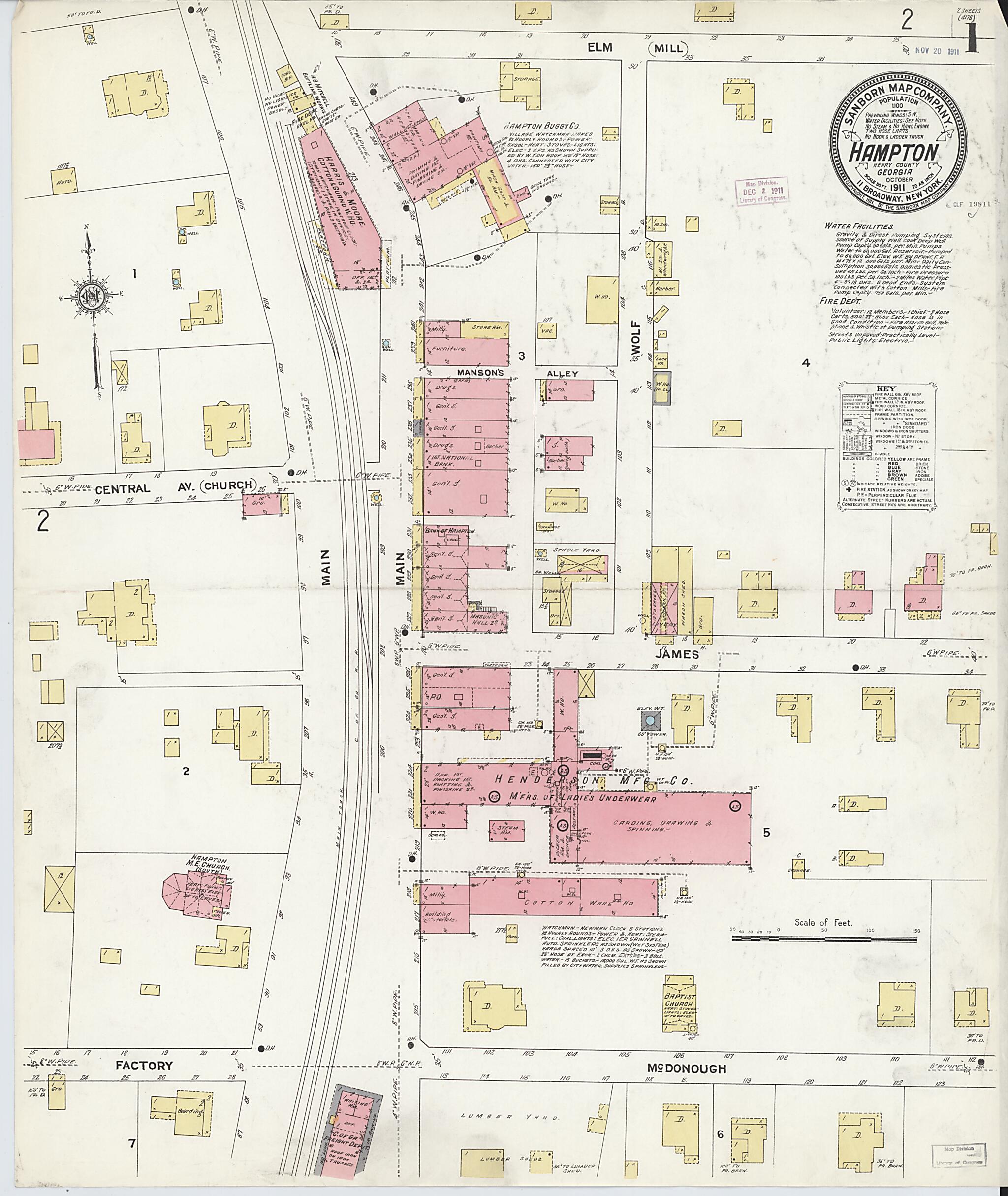 This old map of Hampton, Henry County, Georgia was created by Sanborn Map Company in 1911