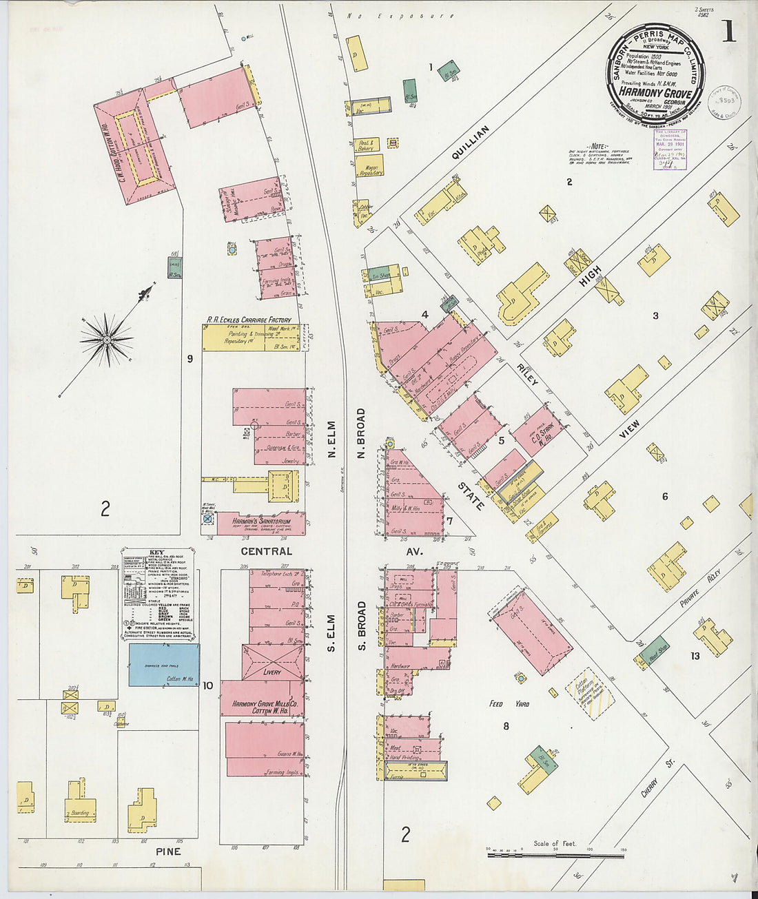 This old map of Harmony Grove, Jackson County, Georgia was created by Sanborn Map Company in 1901