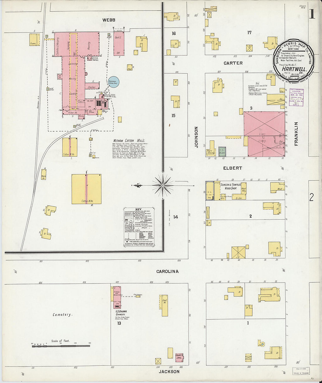 This old map of Hartwell, Hart County, Georgia was created by Sanborn Map Company in 1901