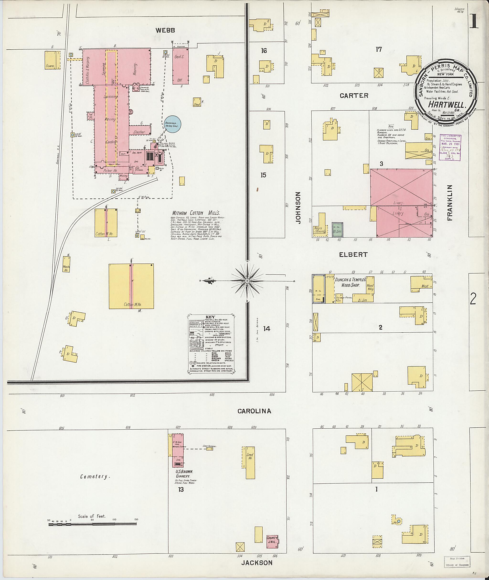 This old map of Hartwell, Hart County, Georgia was created by Sanborn Map Company in 1901